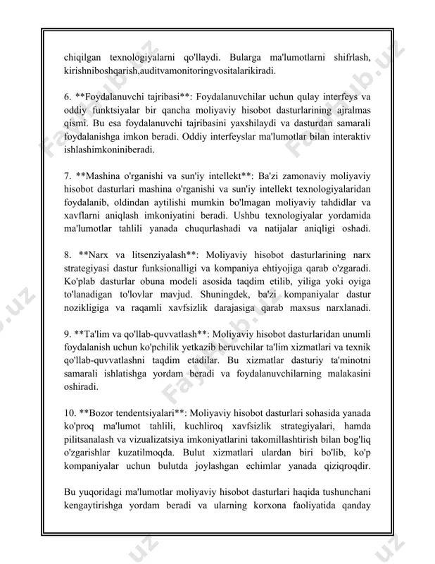 i kompaniyalarga soliqlarni hisoblash, soliq majburiyatlarini boshqarish va soliq hisobotlarini tayyorlashda yordam beradi. quyida ushbu dasturlar haqida batafsil ma'lumot va statistik ma'lumotlar keltirilgan ### soliq hisobi dasturlarining turi1. **mahalliy dasturlar:** - soliq to'lovchi yoki kompaniyaning o'zida o'rnatilgan va faqat mahalliy tarmoq orqali foydalaniladigan dasturlar. odatda kichik va o'rta biznes uchun mo'ljallangan. 2. **bulutli (cloud-based) dasturiy taminot:** - internet orqali foydalaniladigan dasturlar bo'lib, ularni har qanday joydan va har qanday qurilmadan boshqarish mumkin. bulutli xizmatlarning o'sishi bilan, bulutli hisobi dasturlariga talab 60% ortgan.### soliq hisobi dasturlarining muhim xususiyatlari- **awtomatik hisoblash:** soliq stavkalari va mavsumiy o'zgarishlarni avtomatik hisoblash. - **integratsiya va muvofiqlik:** turli buxgalteriya yoki bank tizimlari bilan integratsiyalanishi. bu integratsiya 70% foydalanuvchilar uchun muhim deb topilgan.- **ma'lumotlarni saqlash:** barcha hujjatlar va hisobotlarni xavfsiz saqlash. olmoshish muvofiqligi 55% tijorat tashkilotlari uchun muhim.### statistik ma'lumotlar - 2022-yil statistik ma'lumotlariga qaraganda, kompaniyalarning 80% dan ortigʻi soliq toʻlovlarini avtomatlashtirish uchun maxsus dasturlarni qoʻllamoqda.- kichik biznesning …