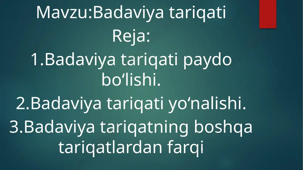 da va qohiradagi husayn masjidida jamoa bo‘lib maxsus qo‘shiqchi xonishi hamda nog‘ora sadosi ostida davra bo‘lib zikr tushganlar. davra bo‘ylab aylanayotgan zikr ishtirokchilari vaqti-vaqti bilan qo‘llarini oldinga cho‘zib chuqur ta’zim bajo keltirib turishgan. bayram sanalari qadimiy qibtiy quyosh taqvimiga qarab belgilangan. bayramlar vaqtidagi tartib ustidan badaviya a’zolaridan tuzilgan maxsus qo‘riqchilar - nuh avlodlari nazorat yurgizishgan. ularning belida yog‘och qilich, qo‘llarida arqon qamchin, bo‘yinlarida turli rangdagi ko‘krakkacha tushib turuvchi munchoq shodalari bo‘lgan. bosh kiyimlarining tepasida rangli tizimchalardan qilingan tutama (o‘ram) bo‘lgan. badaviya tariqotidan quyidagi shoxobchalar ajralib chiqqan: salamiya, inbaiya, munaviya, sutuhiya va bayyumiya, matlubiya va boshqalar. foydanilgan adabiyot usmonov i, olimov s, yo'ldashxo'djayev h, faxriddinov z, to'ychiyeva n, jabborov n, cho'tmatov j, rahimov k, komiljonova z, karimova s, nurmuhammedov d, erkaboyeva f, jurayev o turdiyeva d.. tasavvuf atamalari. movarounnahr nashriyoti, 2015 — 360 bet. e‘tiboringiz uchun rahmat... image6.jpeg image7.jpeg image8.jpeg image2.png image3.png image4.png image5.png /docprops/thumbnail.jpeg