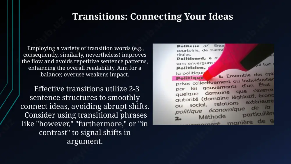 flow of 3-5 supporting details within each paragraph. topic sentences, ideally placed at the beginning of a paragraph, provide a concise summary (1-2 sentences) of the main idea, acting as a roadmap for the reader and ensuring paragraph unity. developing your body paragraphs: supporting evidence each supporting detail should directly relate to and expand upon your topic sentence, following a logical progression; aim for 3-5 sentences per supporting detail for sufficient explanation. integrate evidence smoothly using attributive tags (e.g., "according to smith, ...") and transition words (e.g., "furthermore," "however"), avoiding abrupt shifts between your analysis and the cited material. thank you for your attention @taqdimot_robot image1.jpg image2.jpg image3.jpg image4.jpg image5.jpg image6.jpg image7.jpg image8.jpg image9.jpg image10.jpg
