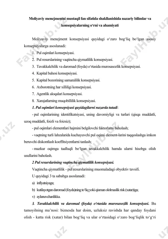 moliyalashtirish manbasiga xizmat ko‘rsatish firma uchun bir xilda kechmaydi. natijada kapital bahosi har bir manbani faoliyatini ta’minlash uchun kerakli xarajatlarni qoplash va zarar ko‘rmaslik maqsadida minimal darajadagi daromadga ega bo‘ladi. kapital bahosini miqdoriy baholash investitsiya loyihalarini tahlil qilishda hamda muqobil variantlarni tanlashda asosiy o‘rinni egallaydi. 5. kapital bozorining samaralilik konsepsiyasi - moliyaviy bozorlardagi operatsiyalar (qimmatli qog‘ozlar bilan) ning hajmi qimmatli qog‘ozlar qiymati joriy narxlarga qanchalik muvofiq kelishiga bog‘liq. bozor bahosi ko‘p faktorlarga, shu jumladan ma’lumot va axborotlarga ham bog‘liq bo‘ladi. axborotlar oqimi eng asosiy faktorlardan hisoblanadi, bundan tashqari axborotlarning qanchalik tezkorlik bilan narxlarga ta’sir ko‘rsatishini bozor samaradorligini o‘zgarishiga olib keladi. bu yerda “samaradorlik” termini iqtisodiy ma’noda emas, balki axborotlarga nisbatan qo‘llanilgan, ya’ni bozor samarador-ligi uning axborotlarga boyligi hamda bozor ishtiroqchilariga uni yetib borishi bilan bog‘liq. bozorni axborot samaradorligiga yetishishi uchun quyidagi shartlar amalga oshishi lozim: · bozor ko‘p miqdordagi xaridor va sotuvchilarga mavjudligi xususiyatiga ega; · bozorda axborotlar barcha subyektlarga …