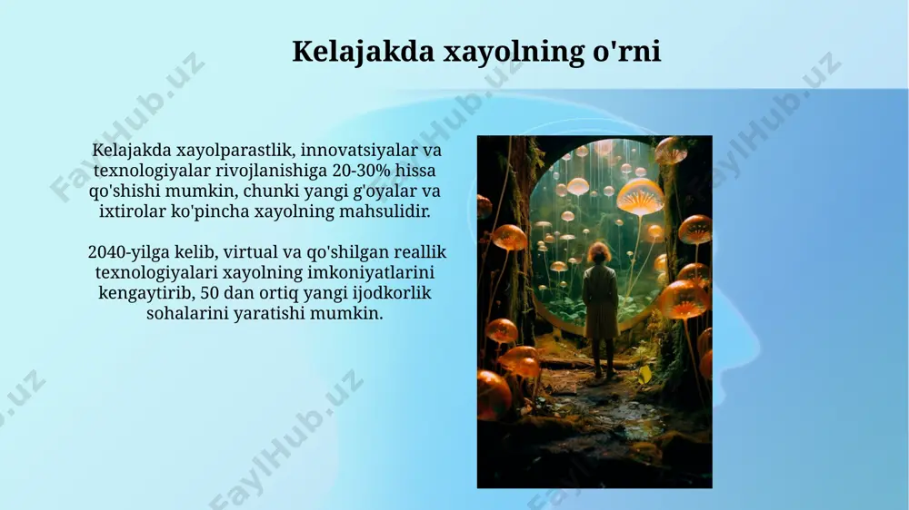 arning har biri o‘ziga xos xususiyatlarga va subjanrlarga (masalan, kiberpunk, distopiya) ega. fantastik adabiyotda sehr-jodugarlik, sehrli mavjudotlar (elflar, gnomlar, ajdaho kabi) va g‘ayritabiiy hodisalar (taxminan 5 dan ortiq turdagi) keng qo‘llaniladi, bu ularni boshqa adabiy janrlardan farqlaydi. adabiyot va san'atda xayol san'atda, ayniqsa, surrealizm va fentezi janrlarida xayolning roli juda katta bo'lib, 19-asr oxiridan boshlab uning ifodalanishi ranglar, shakllar va kompozitsiya orqali murakkablashadi. xayolning psixologik aspektlarini o'rganuvchi 5 ta yirik tadqiqot shuni ko'rsatadiki, ijodiy jarayonlarda xayolning ahamiyati innovatsion g'oyalar va yangi estetik yondashuvlarni yaratishda muhim hisoblanadi. e'tiboringiz uchun rahmat @taqdimot_robot image2.jpg image3.jpg image4.jpg image5.jpg image6.jpg image7.jpg image8.jpg image9.jpg image10.jpg image11.jpg image12.jpg image13.jpg image1.png