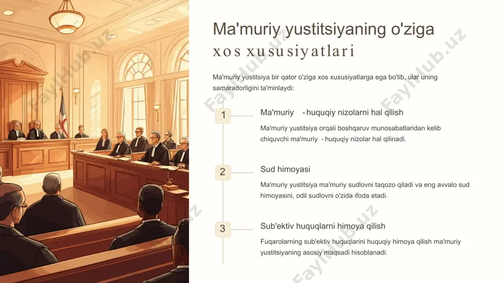 nosabatlar doirasida yuridik - hokimiy qarorlarni qabul qilish natijasida norozilik qabul qilingan qarorlarga nisbatan ikkinchi tarafning noroziligi natijasida ma'muriy - h u q u q iy n izo lar n in g u m u m iy tavsifla r i ma'muriy - huquqiy nizolarga quyidagicha umumiy tavsif berish mumkin: huquq va majburiyatlarga oidlik ma'muriy - huquqiy nizo - bu ma'muriy huquq sub'ektlarining huquq va majburiyatlarga oid nizolaridir. norozilik ifodasi ma'muriy - huquqiy nizo noqonuniy boshqaruv aktini qabul qilish yoki mansabdor shaxsning noqonuniy xatti - harakati fakti yuzasidan ma'muriy - huquqiy munosabat sub'ektlaridan birining noroziligi ifodasidir. boshqaruv funksiyalari bilan bog'liqlik ma'muriy - huquqiy nizolar ijro hokimiyati organi tomonidan boshqaruv funksiyalarini amalga oshirishi bilan bog'liq holda vujudga keladi. ma'muriy - h u q u q iy n izo lar n in g su b 'e k t la r i ma'muriy - huquqiy nizolar quyidagi sub'ektlar o'rtasida yuzaga keladi: fuqarolar jismoniy shaxslar …