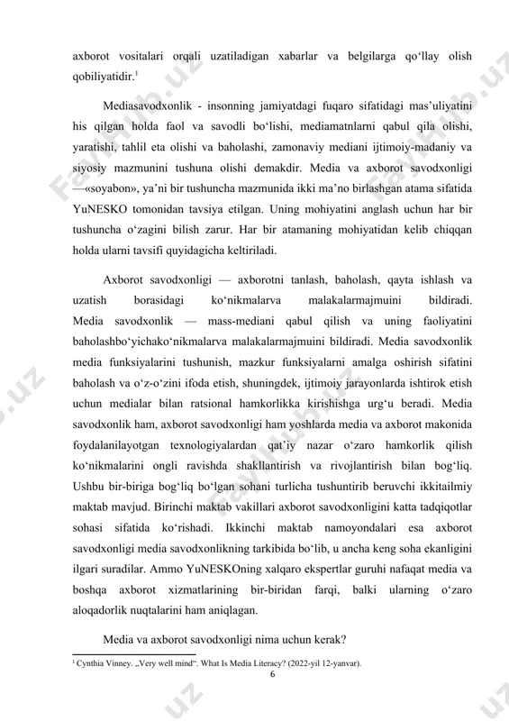 sadlarda uzatilyapti, kimning manfaatlarini o‘zida aks etayapti degan savollarga javob topa olish uchun zarurdir. • media va axborot borasida savodxon insonlar quyidagi ko‘nikmalarga ega bo‘ladilar; • medianing va ular orqali taqdim etilayotgan axborot shakllarining ta’sirini yaxshi tushunish; • o‘ylangan va mustaqil qarorlar qabul qilish; • atrof-muhit haqida yangi ma’lumot olish; • umumiylik hissining shakllanishiga ko‘maklashish; • jamoaviy diskursni qo‘llab-quvvatlash; • hayoti davomida uzluksiz ta’lim olish; fikrimizcha, media savodxonlik yuqorida bildirilgan fikrlar bilan birgalikda ommaviy axborot vositalari orqali uzatiladigan barcha axborotga tanqidiy qarash, ularga xolis yondoshish va har bir uzatilayotgan axborotni saralashda ongli ravishda yondashish hamdir. media savodxonlikning maqsadi har bir medianing ustuvorliklari va kamchiliklarini tushungan holda ular tomonidan tarqatilayotgan axborotni saralay bilish va zarurini qabul qilish ko‘nikmalarini shakllantirish bo‘lsa, asosiy vazifasi insonlar tomonidan iste’mol qilinadigan har qanday axborotning manipulyativ kuchini anglagan holda undan chegaralanishdir. shuningdek, odamlarga oav hamda fuqarolik jurnalistika rolini tushunishga yordam berishdir. hozirda medianing tahlil etilishi natijasida tilimizga …