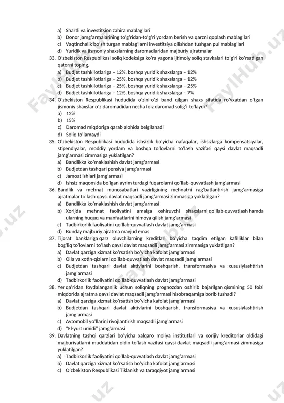 ? a) o’zbekiston auditorlar palatasi b) o’zbekiston respublikasi prezidenti administratsiyasi c) o’zbekiston respublikasi hisob palatasi d) o’zbekiston respublikasi iqtisodiyot va moliya vazirligining nazorat-taftish bosh boshqarmasi 24. budjet tashkilotlarida budjet mablag’larini boshqarish va budjet hisobini yuritish bo’yicha ularning moliyaviy faoliyatini doimiy monitoring qilish vazifasi qaysi tashkilotga yuklatilgan? a) o’zbekiston respublikasi iqtisodiyot va moliya vazirligining nazorat-taftish bosh boshqarmasi b) o’zbekiston respublikasi hisob palatasi c) o’zbekiston respublikasi vazirlar mahkamasi huzuridagi soliq qo’mitasi d) o’zbekiston respublikasi vazirlar mahkamasi 25. o’zbekiston respublikasida pul mablag’larining noqonuniy aylanishi manbalariga barham berish, naqd pul tushumining aholi bilan pulli hisob-kitoblarni amalga oshiruvchi yuridik va jismoniy shaxslar tomonidan banklar kassalariga o’z vaqtida va to’liq topshirilishi yuzasidan tizimli nazoratni amalga oshirish vazifasi qaysi tashkilotga yuklatilgan? a) o’zbekiston respublikasi markaziy banki b) o’zbekiston respublikasi markaziy bankining respublika inkassatsiya xizmati c) o’zbekiston respublikasi vazirlar mahkamasi huzuridagi soliq qo’mitasi d) o’zbekiston respublikasi iqtisodiyot va moliya vazirligi 26. auditorlik tekshiruvlari qanday shakllarda o’tkaziladi? a) majburiy …