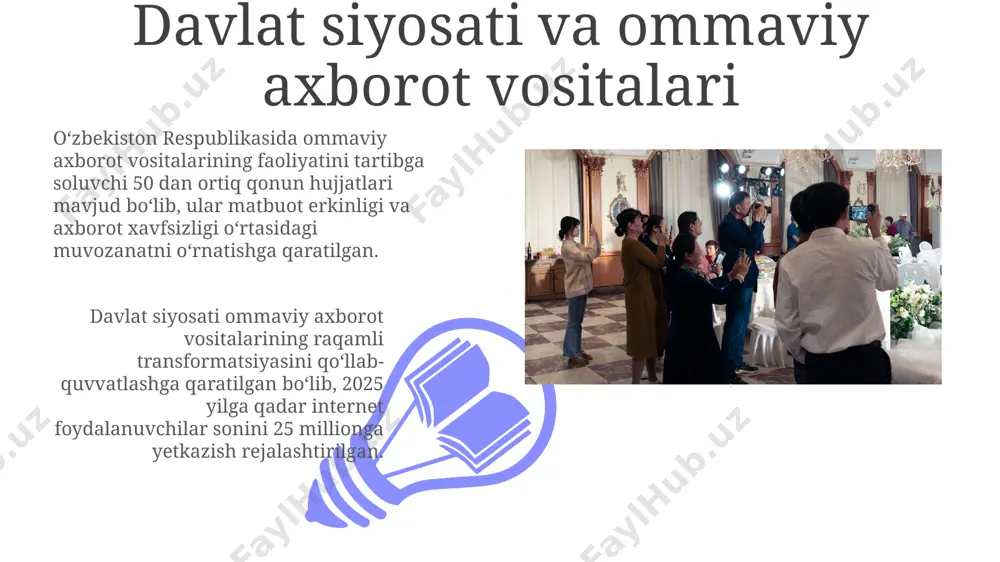 ekiston ommaviy axborot vositalarining raqamlilashtirish darajasini 2025-yilga kelib 85% ga yetkazish, shu jumladan sunʼiy intellekt texnologiyalaridan foydalanish orqali yangiliklar tarqatilishi rejalashtirilgan. multimediya kontentini ishlab chiqarish va tarqatishda interaktivlikni oshirish maqsadida, 2024 yildan boshlab kamida 30 ta yangi mobil ilova va veb-portal yaratish rejalashtirilmoqda. ommaviy axborot vositalari va madaniy meros oʻzbekiston ommaviy axborot vositalarining 20% dan ortigʻi madaniy merosga oid dasturlar va materiallarni tarqatish bilan shugʻullanadi, bu esa jamiyatda madaniy ongning yuksalishiga yordam beradi. madaniy merosni saqlash va targʻib qilishga bagʻishlangan onlayn platformalar soni 2023-yilda 30% ga oʻsdi, bu esa raqamli texnologiyalar orqali madaniyatni ommaboplashtirishga turtki beradi. muammolar va yechimlar 01 02 “muammolar va yechimlar” koʻrsatuvida 2022-yilda oʻtkazilgan 50 dan ortiq tadqiqot natijalari tahlil qilinib, ommaviy axborot vositalarining samaradorligini oshirish boʻyicha 10 ga yaqin aniq takliflar berildi. sales 1st qtr 2nd qtr 100 0 sales 1st qtr 2nd qtr 100 0 matbuotning hozirgi holati mustaqil matbuotning rivojlanishi cheklangan bo'lsa-da, so'nggi yillarda …