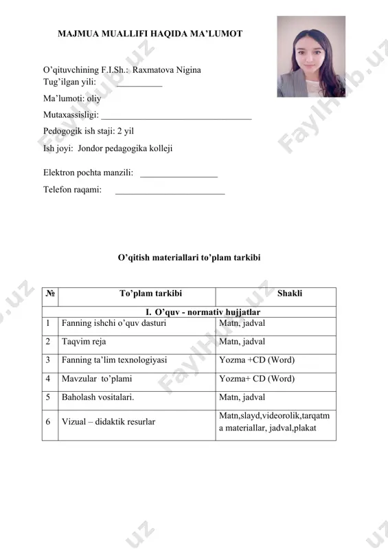 dasturi asosida ishlab chiqilgan. tayorlov yo’nalishi kodi kasblar maktabgacha ta’lim 4.11.02.02. 1. maktabgacha ta’lim tashkiloti tarbiyachisi; jondor 2021 ______________________________________________________________________________________________ tomonidan 20____yil “___”________da tasdiqlangan namunaviy o’quv rejada o’quv faniga ajratilgan soatlar miqdori o’quvchining umumiy o’quv yuklamasi soat, shu jumladan mashg’ulot turlari bo’yicha ajratilgan soatlar: № mashg’ulot turlari ajratilgan soat shu jumladan semestrlar bo’yicha i ii iii iv v vi 1 auditoriya jami yuklamasi 120 120 2 nazariy mashg’ulot 40 40 3 amaliy mashg’ulot 40 40 4 o’quvchining mustaqil ishi 40 40 tuzuvchi: raxmatova nigina taqrizchi: sharopova qadriya fanning ishchi o’quv dasturi va ekspert guruhining xulosasi jondor pedagogika kollejining 2021 yil “17” sentyabrdagi pedagogik kengashida muhokama qilindi, tasdiqlashga va o’quv jarayoniga tadbiq etishga qaror qilindi. bayonnoma № 5- son bilan ko’rib chiqib tasdiqlandi. taqriz. ishchi dastur o’quv fanining pedagogik innovatsiyalar, kasb-hunar ta’limi boshqaruv hamda pedagog kadrlarni qayta tayorlash va ularning malakasini oshirish instituti pedagogika-110 000 sohasi yonalishlari bo’yicha o’quv metodik birlashmasining 2021 …