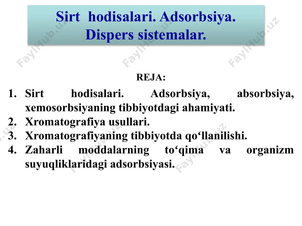 sirt tarangligi, zichligi, qovushqoqligi, elektr o‘tkazuvchanligi bilan keskin farq qiladi. sath energiyasini kamaytirishga olib keluvchi hodisalardan biri – sorbsiyadir. biror modda sirtida yoki xajmi bo‘yicha ikkinchi bir moddani o‘z-o‘zidan yutilishiga – sorbsiya deyiladi. sath energiyasi tabiatan potensial energiya bo‘lganligi uchun termodinamikaning ikkinchi qonuniga binoan o‘zini mumkin qadar kamaytirishga intiladi. bunda, yutuvchi modda - sorbent, yutilgan modda esa - sorbat yoki sorbtiv deyiladi. yutilish jarayonining 4ta asosiy xili bor: -absorbsiya, -adsorbsiya, -xemosorbsiya va -kapillyar kondensatsiya absorbsiya. qattiq jism yoki suyuqlikning butun hajmiga gaz yoki bug‘ning yutilishi absorbsiya deyiladi. bu jarayonda gaz molekulalari sorbentning butun hajmiga kirib boradi. gaz molekulalarining tarqalishi diffuziya tufayli bo‘ladi. qattiq jismlarda diffuziya tezligi kichik bo‘lganligi sababli ularda absorbsiya sekin boradi va muvozanat uzoq vaqt yuzaga keladi. haroratning ortishi absorbsiyada muvozanatni tezlashtiradi. absorbsiyaga – suvga so2 va nh3 ning yutilishini misol qilish mumkin. adsorbsiya. agar yutuvchi modda boshqa moddaning molekula va ionlarini faqat yuza qismigagina yutsa – bunday …