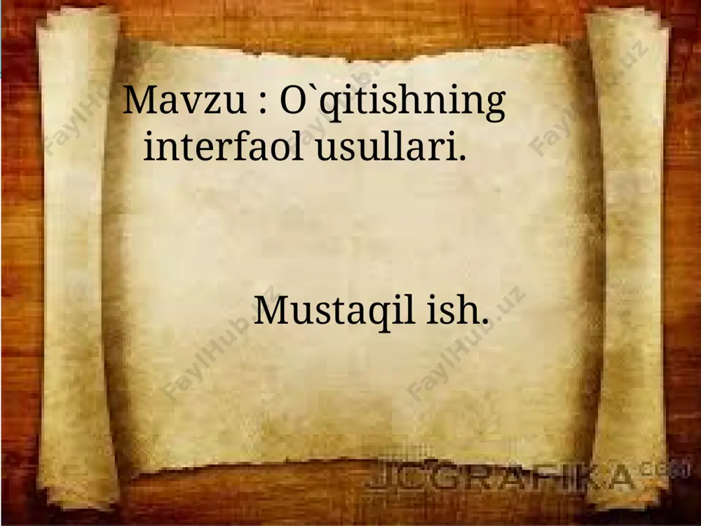 tochkalar bilan ishlash » metodi o`qituvchi tahsil oluvchilarining soniga ko`ra har bir tahsil oluvchi uchun qizil va yashil rangli kartochkalar hamda mavzuga oid savolnoma tayyorlanadi; – savolnomadan “ha” yoki “yo`q” tarzida javob berish mumkin bo`lgan savollar o`rin olgan; –tahsil oluvchilarga qizil rangli kartochkalarning “tasdiq”, yashil rangli kartochkalarning “inkor” ma’nosini anglatishi uqtirib o`tiladi; – tahsil oluvchilar o`qituvchi tomonidan berilgan savollarga “tasdiq” yoki “inkor” ma’nolarini anglatuvchi kartochkalarni ko`rsatish asosida javob qaytaradilar. umumiy o`rta ta’lim maktablarining viii sinfida “iqtisodiy bilim asoslari” fani bo`yich tashkil etilgan mashg`ulot jarayonida “ qizil va yashil rangli kartochkalar bilan ishlash” metodini qo`llashda tahsil oluvchilarga quyidagi savollarni berish mumkin: tasdiq inkor savollar 1.inson ehtiyojlarini qondirish uchun unga turli xil ne’matlar zarur bo`ladimi? 2. havo, suv, quyosh nuri va issiqligi, shuningdek, foydali qazilmalarni inson kuchi bilan hosil qilish mumkinmi? 3. inson mehnati, u tomonidan tashkil etilayotgan iqtisodiy faoliyatning mahsuli mahsulot deb ataladimi? 4. mahsulotlar faqatgina moddiy ne’matlardangina iboratmi? 5. xizmat …