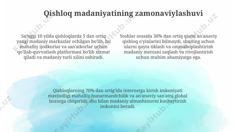 b yaratilgan an'anaviy hunarmandchilik buyumlari, masalan, paxtadan tikilgan matolar yoki yog‘ochdan o‘yilgan o‘ymakorlik asarlari, turizm sohasiga 20% ga yaqin hissa qo'shadi. an'anaviy hunarmandchilikni o'rganish va rivojlantirishga bag'ishlangan 10 dan ortiq qishloq markazlari faoliyat yuritmoqda, ular yosh avlodni ushbu qadimiy kasblarga jalb qilishda muhim rol o'ynaydi. o‘zbekiston qishloqlarida 50 dan ortiq an'anaviy hunarmandchilik turlari, jumladan, kulolchilik, to‘qimachilik va zargarlik kabi sohalar mavjud bo‘lib, ular milliy madaniyatimizning muhim qismidir. yosh avlod va qishloq madaniyati so'nggi 10 yil ichida qishloqlarga zamonaviy texnologiyalarni joriy etish natijasida 30% ga yaqin yoshlar onlayn platformalarda o'z hududining madaniy qadriyatlarini targ'ib qilish bilan shug'ullanmoqda. yosh avlodning 70% dan ortig'i qishloq joylardagi an'anaviy hunarmandchilik va qo'l mehnati ustalarining mahoratini o'rganishga qiziqish bildirmoqda, bu esa madaniy merosni saqlashga yordam beradi. qishloq aholi punktlarida 50 dan ortiq turli xil milliy o'yinlar va raqslar mavjud bo'lib, ular yosh avlodga milliy madaniyatni chuqur o'rganish imkoniyatini beradi. e'tiboringiz uchun rahmat @taqdimot_robot image1.png