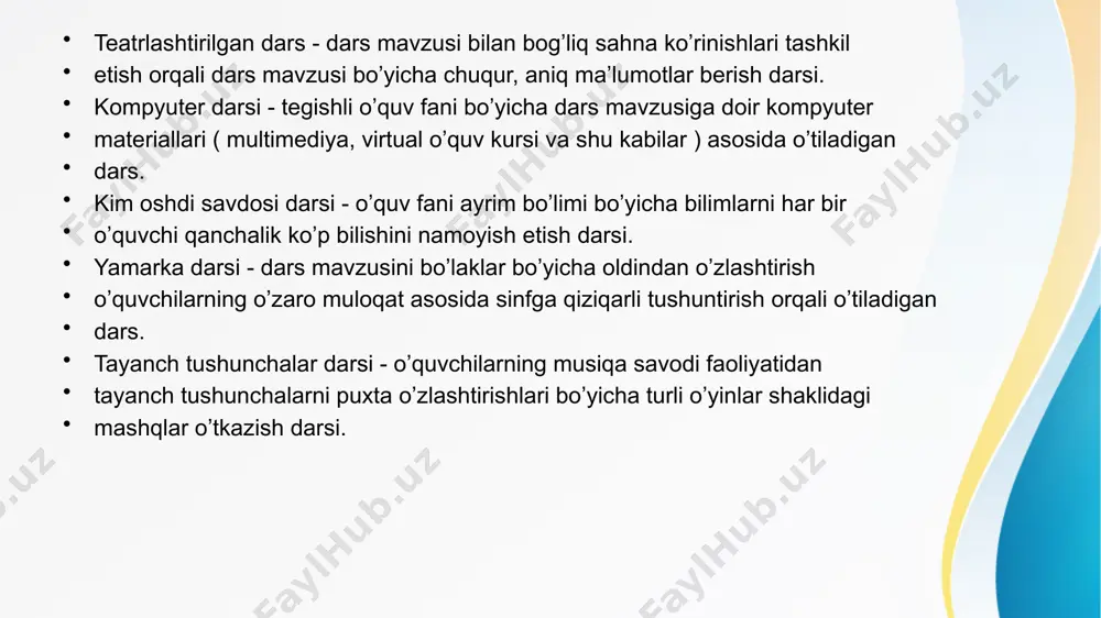 ib unga tayyorgarlik ko’rish uchun adabiyotlar tavsiya etiladi. ushbu mashg’ulotda “olimlar” ro’lini tanlash, mavzuni har tomonlama yoritish, maruza tayyorlash talabaning ixtiyorida bo’ladi. ilmiy konfrensiya mashg’ulotini quyidagicha o’tkazish tavsiya etiladi. didaktik o’yinlarni tanlashda o’quvchilarga bilim va tarbiya berishning quyidagi tartib qoidalariga rioya qilinadi: 1. didaktik o’yinlar tanlash va ulardan foydalanishda o’quvchilarning yosh xususiyatlari pedagogik jihatdan tayyorgarligi va bilim saviyasi hisobga olinadi; 2. tanlangan har bir o’yin o’quvchilarga sistemali bilim berish, malaka va ko’nikmalar hosil qilish bilan birga ularning barkamol bo’lib yetishishiga va ruhan tetik o’sishiga qaratilgan bo’ladi; 3. didaktik o’yinlarni tanlashda musiqiy ta’limning aniq maqsad va vazifalari asos qilib olinadi. didaktik o’yinlar musiqiy ta’lim mazmunini aniqlashtirishning muhim vositalaridan biri. u o’quvchilarda o’qish motivini, istagini rivojlantirishga xizmat qiladi. didaktik o’yin - ta’lim beruvchi usul bo’lib, bu usul muayyan ta’limiy maqsadlarga erishishga yani o’tilgan o’quv materiallarini aniqlashga, mustahkamlashga va uni chuqurlashtirishga qaratilgan bo’ladi. har bir didaktik o’yinni o’tkazishda muayyan bir vazifa maqsad qilib …