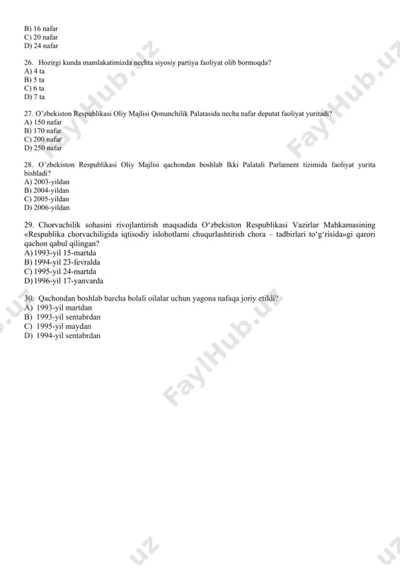 b) davlatning bosh islohotchilik vazifasini bajarishi, ya’ni islohotlar tashabbuskori bo‘lishi va ularni muvofiqlashtirib borishi; c) qonun ustuvorligini ta’minlash; d) kuchli ijtimoiy siyosat yuritish. 21. 1994-yil 21-yanvarda qanday prezident farmoni e’lon qilindi? a) «iqtisodiy islohotlarni yanada chuqurlashtirish chora-tadbirlari to’g’risida»gi b) «mulkni davlat tasarrufidan chiqarish va xususiylashtirish jarayonini yanada rivojlantirishning ustivor yo’nalishlari to’g’risida»gi c) "jamoat tashkilotlari to’g’risida" d) "vijdon erkinligi va diniy tashkilotlar to’g’risida" 22. qishloq xo’jaligida fermer va dehqon xo’jaliklari salmoqli o’rin egallamoqda. 2004-yilga kelib fermer xo’jaliklari soni qanchani tashkil etdi? a) 83,5 mingdan ziyodni b) 84 ming c) 85,5 mingdan ziyodni d) 80,5 mingdan ziyodni 23. qaysi yillarda asaka shahrida «o’zdeu avto» zavodi barpo etildi? a) 1992-1996 yillarda b) 1993-1997 yillarda c) 1993-1996 yillarda d) 1993-1995 yillarda 24. 1994-yilda aholining dori-darmonga bo’lgan ehtiyoji respublikada ishlab chiqarilgan mahsulot hisobiga bor-yo’g’i 4,5 foizga qondirilar edi. 2003-yilga kelib, katta miqdorda sarmoya jalb etilganligi hisobidan, bu ko’rsatkich necha foizgacha o’sdi? a) 23 foizgacha b) …