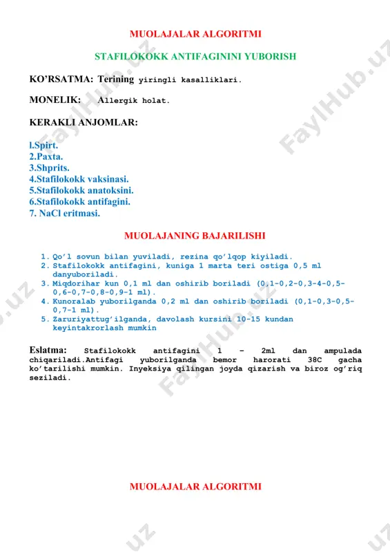 muolaja haqida ma’lumot beriladi. 3. kerakli asbob va anjomlar tayyorlanadi. 4. hamshira qo’lini yuvib zararsizlantiradi, rezina qo’lqop kiyadi va niqobtaqadi. 5. bemor stulga o’tiradi yoki kushetkaga chalqancha yotqiziladi. 6. bemomi qo’l kafti yuqoriga qaragan holda tirsak bo’g’imi maksimal yozilganbo’ladi va tirsak ostiga yostiqcha qo’yiladi. 7. bemorning tirsak bo’g’imi yuqorisidan rezina jgut bilan bog’lanadi. 8. bemordan qo’lni mushtlab ochishni, 7 – 8marta so’raladi. 9. qo’lning 2 – 3barmoqlari yordamida tirsak sohasi paypaslab ko’riladi, ustispirt bilan artiladi. 10. oldindan tayyorlab qo’yilgan bo’sh shprits igna bilan o’ng qo’lga olinadi. 11. shprits 30li burchak ostida o’ng qo’lda ushlanadi va bemorning terisiteshiladi (igna 1 – 2sm kiritiladi). 12. teshilgan teridan sal yuqorida vena devoriga igna 3 – 4sm kiritiladi. o’ngqo’ldagi. shprits va igna qimirlatmasdan, chap qo’l bilan porshen tortiladi. 5 mlmiqdorda qon tortib olinadi. 13. chap qo’l bilan rezina jguti yechiladi. 14. spirtli paxta igna kiritilgan joyga bosilib, igna shpritsi bilan sekin sug’iribolinadi. 15. bemor …