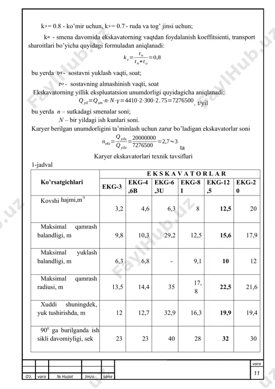 g og’irligini formuladan aniqlash mumkin: , t∙kucho’z. varaq № hujjat imzo sana varaq 14 tortish kuchi o’lchami ni quyidagi shart bilan qabul qilish mumkin: ==1000*150*0,25=37500 kgs u holda sostav og’irligi quyidagicha aniqlanadi, t∙kuch bu yerda - lokomotivning ilashish og’irligi, t∙kuch; - lokomotiv g’ildiraklarining rels bilan ilashish koeffitsienti. ilashish koeffitsienti ning o’lchami parallel tutashgan dvigatelli elektrovozlar harakatida 0,25-0,26 ni, qo’zg’alish vaqtida 0,32-0,34 ni tashkil etadi. ketma-ket va parallel tutashgan dvigatelli elektrovozlar uchun ilashish koeffitsienti qiymatini 0,22-0,23 ni, qo’zg’alish vaqtida esa 0,28-0,3 ni tashkil etadi. barcha o’qlari yetaklovchi elektrovozlarda ilashish og’irligi elektrovozning to’liq og’irligi p ga teng, u holda formula quyidagi ko’rinishga keladi: 3-jadval o’z. varaq № hujjat imzo sana varaq 15 o’zgarmas va o’zgaruvchan tok elektrovozlari texnik tavsiflari ko’rsatgichlar o’zgarmas tokda o’zgaruchan tokda el -2 el-1 13e(21e) 26 ye d-100m d-94 ilashish og’irligi, t∙kuch 100 150 150 180 100 94 elektrovoz massasi, t 100 150 150 180 100 94 o’q formulasi …