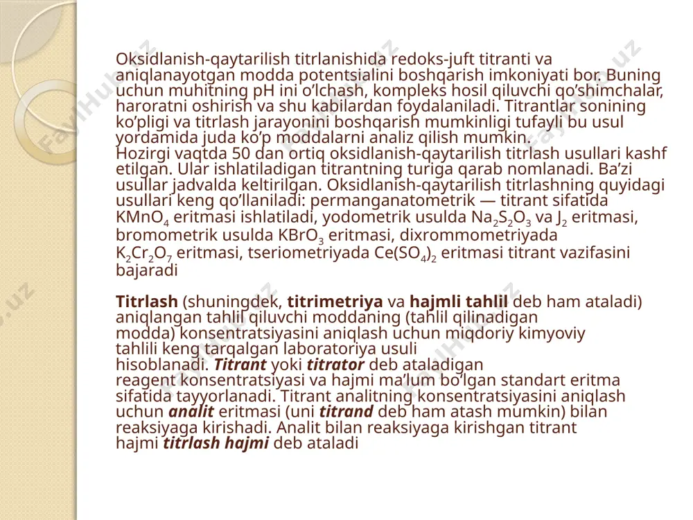 ko'plab koʻrsatkichlar mos keladi (masalan, lakmus, fenolftalein yoki bromotimol ko'k). agar reagentlardan biri zaif kislota yoki asos, ikkinchisi esa kuchli kislota yoki asos boʻlsa, titrlash egri chizigʻi tartibsiz boʻladi va ekvivalent nuqtaga yaqin titrantning kichik qoʻshilishi bilan ph kamroq siljiydi. masalan, oksalatkislota (kuchsiz kislota) vanatriygidroksid (kuchli asos) oʻrtasidagi titrlash uchun titrlash egri chizigʻi tasvirlangan. ekvivalentlik nuqtasi ph 8-10 oraligʻida boʻladi, bu ekvivalent nuqtada eritmaning asosiy ekanligini va fenolftalein kabi indikator mos kelishini ko'rsatadi. kuchsiz asoslar va kuchli kislotalarga mos keladigan titrlash egri chiziqlari xuddi shunday harakat qiladi, eritma ekvivalent nuqtasida kislotali boʻladi va metil oranj va bromotimol koʻk kabi koʻrsatkichlar eng mos keladi. kuchsiz kislota va kuchsiz asos o'rtasidagi titrlashlar juda tartibsiz titrlash egri chiziqlariga ega. shu sababli, hech qanday aniq indikator mos kelmasligi mumkin va reaksiyani kuzatish uchun koʻpincha ph oʻlchagich ishlatiladi. teskari titrlash teskari tartibda amalga oshiriladigan titrlashdir; dastlabki namunani titrlash oʻrniga eritmaga standart reaktivning maʼlum ortiqcha miqdori …