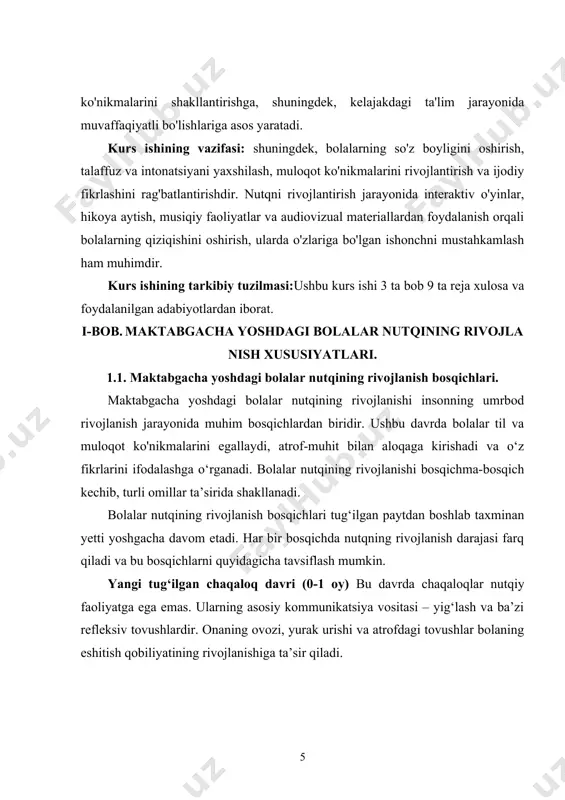 agi predmetlarni nomlash, harakatlarni tushuntirish kabi nutqiy faoliyatlarni bajara oladi. murakkab gaplarning shakllanishi (3-4 yosh) bolalar ushbu bosqichda to‘liq gaplar tuzishni boshlaydi. masalan, "men bog‘ga bormoqchiman", "o‘yinchoqlarimni yig‘ayapman" kabi iboralar yuzaga keladi. bolalar fe’l zamonlarini, egalik qo‘shimchalarini to‘g‘ri ishlatishni boshlaydi. nutqning mukammallashishi va so‘z boyligining ortishi (4-5 yosh) bola murakkab so‘z va iboralarni ishlata boshlaydi, xotira va eshitish qobiliyati yaxshilanadi. hikoya qilish, voqealarni bayon etish kabi qobiliyatlar shakllanadi. mantiqiy izchillik rivojlanadi va gapning tuzilishi yanada yaxshilanadi. bog‘langan nutq va hikoya qilish ko‘nikmalarining rivojlanishi (5-6 yosh) bu bosqichda bola mustaqil ravishda hikoya tuzishi, fikrlarini izchil ifodalashi mumkin. so‘zlar va jumlalar aniq talaffuz qilinadi. bola voqealarni bayon qilish, tushunchalarni izohlash qobiliyatiga ega bo‘la boshlaydi. maktabga tayyorgarlik bosqichi (6-7 yosh) bolalar yozma va og‘zaki nutqni to‘g‘ri ishlatishni o‘rganadilar. nutqning grammatik jihatdan to‘g‘riligi va mantiqiy izchilligi mustahkamlanadi. ushbu bosqichda bolalar nutqining mukammallashishi maktabdagi ta’lim jarayoniga tayyorgarlikni ta’minlaydi. bolalar nutqining rivojlanishi ko‘plab omillarga bog‘liq bo‘lib, …
