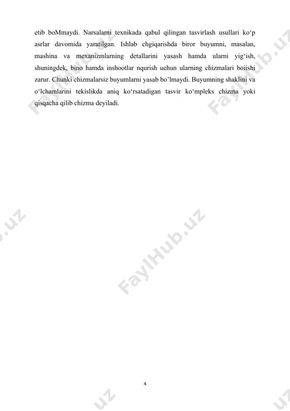 va tushunarliligi bilan ajralib turadi. ulardan insonlar kundalik turmushida va kasbiy faoliyatlarida foydalanadilar. grafik (grek. graphikos — chizma) biror kattalik (funksiya)ning ikkinchi kattalik (dalil) o ‘zgarishiga bog‘liq holda, o'zgarishining grafik shakldagi tasviridir. inson faoliyatining statistika, hisob-kitob va boshqa sohalarida graftklar jarayonlaming miqdoriy bogiiqligini yaqqol tasvirlash uchun keng qo’ilaniladi. masalan. rejanlng oylar yoki yillar bo'yicha bajarishning borishi grafigi, mamlakat aholi sonining yillar bo'yicha o'sishi grafigi va hokazo. o‘quvchilarni grafik va diagrammalar bajarishga o ‘rgatishda dastavval ularning shu sohadagi bilimlarini chuqurlashtirish, grafik va diagrammalar turlari hamda turli texnikada bajarilgan shakllari haqidagi tasawurlarini kengaytirish kerak. buning uchun ularga ushbu mavzu bo‘yicha birinchi topshiriq sifatida a3 formatli chizma qog‘ozi varag‘iga gazeta va jumallardan grafik va diagrammalami qirqib oflb, eiimlashni va maktab darsliklaridagi grafik va diagrammalardan na'munalar ko‘chirib chizishni topshirish mumkin. keyingi darsda vazifani tekshirish va ular ichidai original echim topilgan variantlarni o‘qituvchi sinfdagi o'quvchilar bilan birgalikda tahlil qilishi tavsiyaetiladi. ushbu metodik usul yordamida o'quvchilaming …