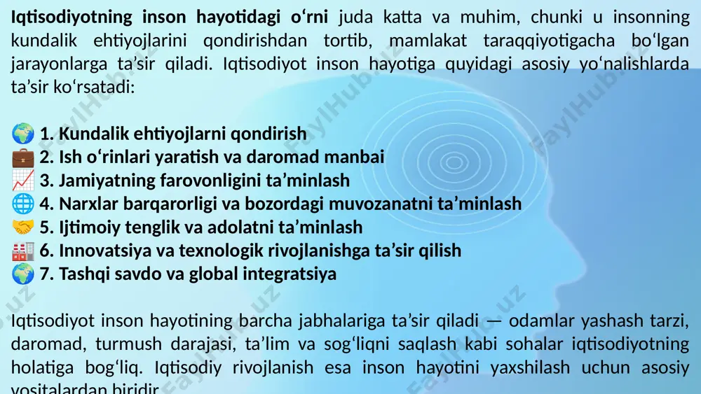 ari: ✔️ narx belgilash – talab va taklif asosida narx shakllanadi. ✔️ taqsimlash – tovar va xizmatlar kimga taalluqli bo‘lishini aniqlaydi. ✔️ raqobatni rivojlantirish – bozorda ko‘proq sifat va innovatsiya paydo bo‘ladi. ✔️ axborot berish – bozor ishtirokchilari narx, sifat va talab haqida ma’lumot oladi. ✔️ stimullash – ishlab chiqaruvchilar ko‘proq foyda olish uchun samaradorlikka intiladi. xususiyat iqtisodiyot bozor ta’rif iqtisodiyot – bu resurslardan samarali foydalanish, ishlab chiqarish, taqsimlash va iste’mol qilish jarayonini o‘rganadigan fan va tizim. bozor – bu sotuvchi va xaridorlar o‘rtasidagi tovar va xizmatlar almashinuvi jarayoni sodir bo‘ladigan joy yoki tizim. ko‘lami keng tushuncha – ishlab chiqarish, taqsimot, iste’mol, savdo, investitsiya kabi jarayonlarni o‘z ichiga oladi. iqtisodiyotning bir qismi – faqat savdo va narx belgilash bilan bog‘liq jarayonlarni qamrab oladi. tarkibiy qismlar mikroiqtisodiyot, makroiqtisodiyot, davlat siyosati, moliya tizimi, xalqaro iqtisodiyot va boshqalar. talab, taklif, narx, raqobat, savdo ishtirokchilari. vazifasi cheklangan resurslardan samarali foydalanishni ta’minlash, iqtisodiy barqarorlikni saqlash. …