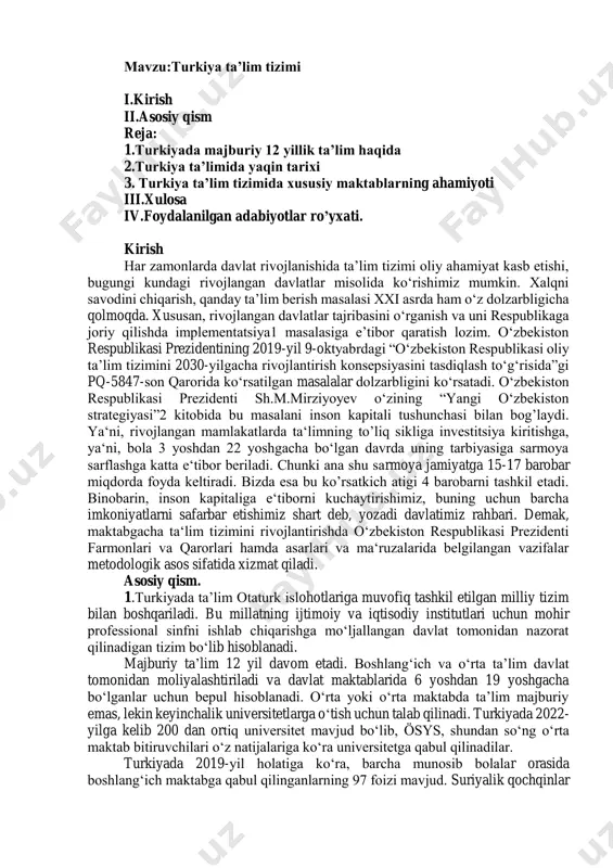 di. bu millatning ijtimoiy va iqtisodiy institutlari uchun mohir professional sinfni ishlab chiqarishga moʻljallangan davlat tomonidan nazorat qilinadigan tizim boʻlib hisoblanadi. majburiy taʼlim 12 yil davom etadi. boshlang‘ich va o‘rta taʼlim davlat tomonidan moliyalashtiriladi va davlat maktablarida 6 yoshdan 19 yoshgacha bo‘lganlar uchun bepul hisoblanadi. oʻrta yoki oʻrta maktabda taʼlim majburiy emas, lekin keyinchalik universitetlarga oʻtish uchun talab qilinadi. turkiyada 2022- yilga kelib 200 dan ortiq universitet mavjud boʻlib, ösys, shundan soʻng oʻrta maktab bitiruvchilari oʻz natijalariga koʻra universitetga qabul qilinadilar. turkiyada 2019-yil holatiga ko‘ra, barcha munosib bolalar orasida boshlang‘ich maktabga qabul qilinganlarning 97 foizi mavjud. suriyalik qochqinlar inqirozi bilan bu raqam sezilarli darajada kamaydi. inqiroz davrida koʻplab suriyalik bolalar maktabni tark etishdi. 2002-yilda turkiyada taʼlimga sarflangan umumiy xarajatlar milliy taʼlim vazirligi orqali ajratilgan davlat byudjeti hamda xususiy va xalqaro fondlarni hisobga olgan holda 13,4 milliard dollarni tashkil etdi. turkiyada taʼlim muassasalariga sarmoya qilingan milliy boylik ulushi oecd mamlakatlaridagi oʻrtachadan …