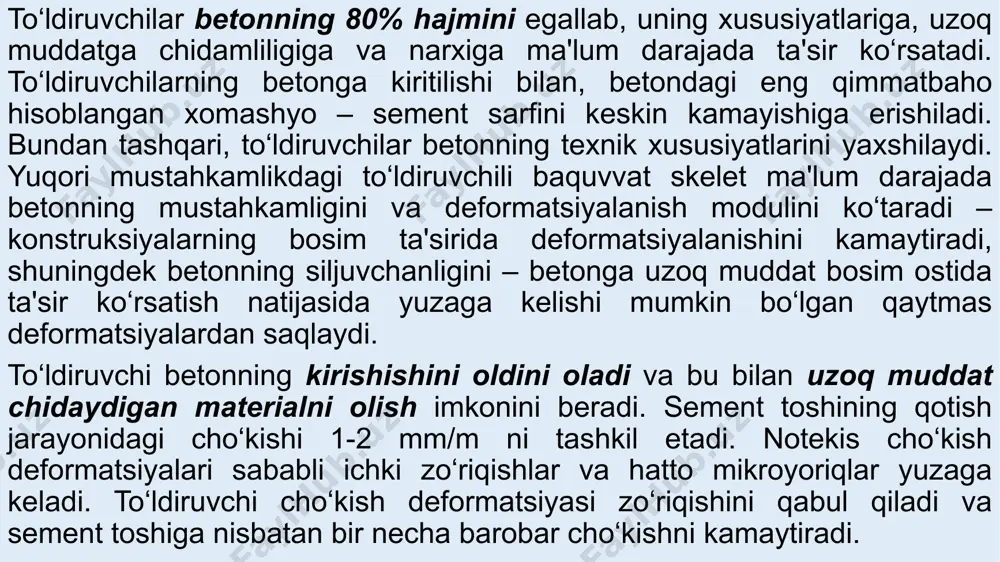 boradi. natijada donalarni qamrab olish uchun sement sarfi ortadi va to‘ldiruvchining bo‘shliqlarini kamaytirish hisobiga sementni iqtisod qilish imkoniyati kamayadi. bundan tashqari uzlukli donadorlik tarkibning qatlamlanishga moilligi bo‘lib, bu betoning bir jinsliligiga salbiy ta'sir ko‘rsatadi. donador tarkibni yomonlashuvini qator texnologik usullar yordamida kompensatsiyalash mumkin. bu usullar bilan betonning narxi tushiriladi va transport-tayyorlov harajatlari kamaytiriladi. shuning uchun standartlar va texnik ko‘rsatmalarda bir necha turli donadorlik tarkiblar tavsiyasi ko‘rsatiladi va to‘ldiruvchi qorishmasining xususiyatlarini ahamiyatli darajada yomonlashuvi kuzatilmaydigan, alohida fraksiyalar nisbatida ma'lum darajadagi o‘zgarishlarga imkon beriladi. qum uchun donadorlik tarkib chegarasi 3.5-jadvalda keltirilgan holatda bo‘lishi talab etiladi. 3.5-jadval qum uchun donadorlik tarkib chegarasi qumning donadorlik tarkibini shartli ifodalash uchun mk - yiriklik modulidan foydalanadilar. bu modul standart elaklarda qolgan qoldiqlarning to‘liq yig‘indisini (% hisobida) 100 bo‘lingan holida ifodalaydi. qumlarning yiriklik moduli 2,1 dan 3,25 ga qadar o‘zgarishi mumkin. biroq mos holdagi texnik-iqtisodiy va texnologik asoslanganda yanada mayda va arzon mahalliy qumlardan foydalanish mumkin (mk=1,2-2,1). …