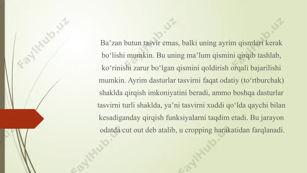 ish tasvirlar biror shakl boʻyicha ham qirqilishi mumkin. 12.23-rasm. tasvirni qirqish uchun explosion 2 shaklidan foydalanish. tasvirni aylantirish tasvirni aylantirish deganda uni burchak boʻylab aylantirish (dumalatish) nazarda tutiladi. uni oyog’ini osmondan qilib to‘ntarish yoki agar to‘ntarilgan bo‘lsa, asl holatiga qaytarish mumkin. buning uchun tasvir yuqorisida joylashgan aylantirsh nuqtasidan foydalaniladi (12.24-rasmga qarang). 12.24(a)-rasm. tasvirning aylantirishdan oldingi holati (b) tasvir aylantirilganda. tasvirni akslantirish yoki oʻgirish deganda asl tasvirning teskari aksini yaratish nazarda tutiladi. dasturiy vositalar bir- biridan farqlanadi, ammo microsoft word’da, 12.25-rasmda aks etgan koʻrsatmalar orqali tasvirni akslantirishingiz mumkin. tasvirni akslantirish 12.25-rasm. rotate menyusidagi flip vositasidan foydalanish. 12.26a-rasmda asl tasvir vertikaliga akslangan (o‘girilgan boʻlib, qush endi teskarichasiga koʻrinmoqda. 12.26b-rasmda koʻrsatilganday, agar tasvir gorizontaliga akslantirilsa, asl tasvirda chap tarafga qaragan qushning tumshugʻi oʻng tomonga qaraganini payqash mumkin. image1.jpg image2.png image3.png image4.png image5.png image6.png image7.png image8.png image9.png image10.png image11.png image12.png /docprops/thumbnail.jpeg