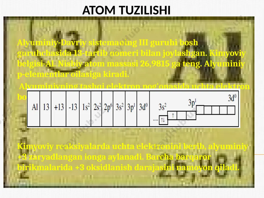 chunki u havoda tezda oksidlanadi va uni yupqa, mustahkam oksid pardasi suv va boshqa oksidlanish holatidan himoya qilib turadi: agar oksid pardasi olib tashlansa, alyuminiy suv bilan oson reaksiyaga kirishadi, vodorod ajratib chiqaradi: alyuminiy qizdirilgan holda xlorid va suyultirilgan sulfat kislotasi bilan oson ta'sirlashib, vodorod ajratib chiqaradi: konsentrlangan nitrat kislota bilan odatdagi haroratda ta'sirlashmaydi. shuning uchun, konsentrlangan nitrat kislotasi alyuminiy idishlarda saqlanadi. alyuminiy ishqorlarning suvli eritmalari bilan oson ta'sirlashib, vodorod ajratib chiqaradi: alyuminiy qizdirilganda galogenlar, fosfor, oltingugurt, azot, uglerod bilan reaksiyaga kirishadi: alyuminiy ko'pchilik metallarning oksidlari bilan ham ta'sirlashadi. agar alyuminiy va temir (ii, iii)-oksidlarni aralashtirib, cho'g'lanib turgan sim tekkizilsa, juda shiddatli ekzotermik reaksiya sodir bo'ladi: 8al + 3fe3o4 — 4al2o3 + 9fe + 3300 kj reaksiya natijasida aralashma 3500°c gacha qizib ketadi. reaksiya mahsulotlari bo'lgan alyuminiy oksid va temir suyuqlangan holda bo'ladi. alyuminiy bilan temir kuyundisining aralashmasi termit deb ataladi va ba'zi hollarda metallarni payvandlashda ishlatiladi. reaksiya natijasida aralashma …