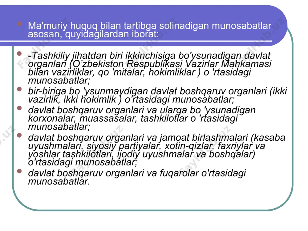 ning roziligi shart emas. 2.tomonlar tengsizligi boshqaruv hamda birgalikdagi faoliyat ishtirokchilari irodasining yagona boshqarish irodasiga bo`ysunishini taqozo etadi. 3. ma`muriy munosabatlarning paydo bo`lishi ushun tomonlardan birining irodasi kifoya qiladi. ma`muriy huquqiy munosabatlar. 4.o`z mohiyat-e`tibori bilan ma`muriy munosabatlar tashkiliy munosabatlardan iborat, ya`ni eng avvalo huquqni bajarish jarayonini tashkil etishga yo`naltirilgandir. 5. fuqarolik-huquqiy, mehnat yoki oilaviy-huquqiy munosabatlardan farqli ravishda, ma`muriy-huquqiy munosabatlarda yuzaga kelgan nizolar, odatda, suddan tashqari tartibda hal etiladi. 6. agar tomonlardan biri huquqiy munosabatlar bo`yicha ikkinchi tomonga zarar yetkazgan holda ma`muriy norma talabalarini buzsa, u boshqa tomon oldida emas, balki bevosita davlat oldida javob beradi. ma'muriy huquqning – o`zbekiston respublikasi huquq tizimida tutgan o`rni o`zbekiston respublikasi konstitutsiyasiga binoan fuqarolar davlat organlari va mansabdor shaxslarning noqonuniy xatti-harakatlari ustidan sudga shikoyat kilish huquqiga egadir. ushbu jarayon konstitutsiyaviy hukuk normalari bilan tartibga solingan. ma'muriy huquq esa, mana shu shikoyatlarning qaysi organga tegishliligini, shikoyatni ko`rib chiqish muddati va tartibini belgilab beradi. ma'muriy huquq moliya …