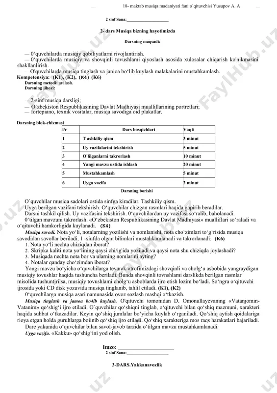 a kuylanadi. 0‘quvchilar qo‘shiq harakatlariga mos raqs harakatlarini bajaradilar. musiqa savodi bo‘yicha 1-sinfda o‘tilganlar takrorlanadi. musiqiy tovushlar haqida tushuncha beriladi. (k6) [введите текст] 18- maktab musiqa maadaniyatti fani o`qituvchisi yusupov a. a [введите текст] 18- maktab musiqa madaniyati fani o`qituvchisi yusupov a. a [введите текст] uyga vazifa. «vatanimni madh etaman» mavzusida rasm chizib kelish. 30 30 imzo: ______________________________ 2 sinf sana:____________________ 2- dars musiqa bizning hayotimizda darsning maqsadi: · 0‘quvchilarda musiqiy qobiliyatlarni rivojlantirish. · 0‘quvchilarda musiqiy va shovqinli tovushlami qiyoslash asosida xulosalar chiqarish ko'nikmasini shakllanlirish. · o'quvchilarda musiqa tinglash va janioa bo‘lib kuylash malakalarini mustahkamlash. kompetensiya: (k1), (k2), (k4) (k6) darsning metodi: aralash. darsning jihozi: · 2-sinf musiqa darsligi; · o‘zbekiston respublikasining davlat madhiyasi muallillarining portretlari; · fortepiano, texnik vositalar, musiqa savodiga oid plakatlar. darsning blok-chizmasi l/r dars bosqichlari vaqti 1 t ashkiliy qism 3 minut 2 uy vazifalarini tekshirish 5 minut 3 o'lilganlarni takrorlash 10 minut 4 yangi mavzu …