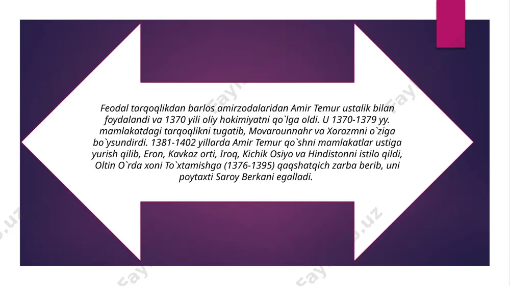 bu merosni o`rganmasdan, tariflamasdan, targ`ibot qilmasdan haqqimiz yo`q. shuning uchun ham mana shu minbardan turib, butun o`zbekiston xalqiga, qolaversa, butun jahon ahliga qarata «amir temur bizning faxrimiz, iftixorimiz, g`ururimiz!», - deb aytsam, o`ylaymanki, xato qilmagan bo`laman». sohibqiron amir temurning 660 yillik yubileyi 1996 yil 21-24 aprel kunlari frantsiya poytaxti parij shahrida yunesko tashabbusi va rahbarligida nishonlandi, unda o`zbekiston respublikasi prezidenti i.karimov ishtirok etdi va katta nutq so`zladi. 1996 yilning 18 oktyabr kuni ulug` bobokalonimiz, buyuk davlat arbobi va yengilmas sarkarda amir temur yodi xotirasiga atab sharq milliy ma`morchiligining noyob namunasi sifatida bunyod etilgan – temuriylar tarixi davlat muzeyining tantanali ochilish marosimi bo`ldi amir temur buyuk sarkarda, kuragi yerga tegmagan, yengilmas fotihdir. amir temur – insoniyat tarixida eng nodir hodisa – renessensni yuzaga chiqarib, amalga oshirgan ulug` zotdir! «tarixi arba ulus» mirzo ulug`bekning ilmiy rahbarligi va shaxsan ishtirokida 1425 yilda yozib tamomlangan. unda xiii-xiv asrlarda mo`g`ul imperiyasi tarkibiga kirgan mamlakatlar (mo`g`uliston, …