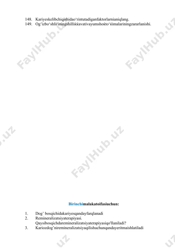 odontkasalliklariningtarqalishdarajasi, tasnifi 132. yumshoqto‘qimalarningjarohatlanishidabemorlarniparvarishqilish. 133. yumshoktukimajaroxatlari. 134. tishlanganjaroxatlardabirlamchijarroxlikishlovberish. 135. yuzterisiningo‘smaoldikasalliklari. 136. yuzvajaglardauchraydiganusmalarvausmasimonxosilalaribulganbemordananamnezyigish (shikoyati, kasalliktarixi, xayoti). 137. xavfsizo‘smalarturlari. 138. bolalarda jag suyaklaririvojlanishi. 139. bolalardaparodontkasalliklarinikeltiribchikaruvchiumumiyomillar 140. bolalardagingivitlarningklinikasi, tashxisivaqiyosiytashxisi 141. kataralgingivitetiologiyasi. 142. sut tishlariningchiqishtartibivamuddati. 143. sut tishlaringxususiyanatomiyasi 144. tish tojyuzasidaqo‘yidagiyuzalarfarqlanadi 145. tish qandayto‘qimalardantashkiltopgan? 146. nechayoshdaalmashinuvprikusikuzatiladi? 147. og‘izbo‘shlig‘iniob'ektivtekshiruvusullari.. 148. kariyeskelibchiqishidao‘rintutadiganfaktorlarnianiqlang. 149. ogʼizbo‘shliѓiningshilliќќavativayumshoќto‘ќimalariningzararlanishi. birinchimalakatoifasiuchun: 1. dog’ bosqichidakariyesqandayfarqlanadi 2. remineralizatsiyaterapiyasi. qaysibosqichdaremineralizatsiyaterapiyasiqo'llaniladi? 3. kariozdog’niremineralizatsiyaqilishuchunqandayeritmaishlatiladi 4. yuzakariesniklinikasi 5. o'rtakariyesningklinikasi 6. chuqurkariyesklinikasi 7. "chuqurkariyes"nitashxislash 8. ftorningxususiyatlarivakunigaorganizmtomonidanqabulqilinganmiqdori 9. marmarkasalligiklinikasi 10. tish chiqishi(вывих) klinikasi. tavsiya va parvarish. 11. ponasimonnuqson, og'riqqoldiruvchivositalarqandayqo'llaniladi 12. kariyesningoldiniolishning endogen vositalari. 13. homiladorlikdavridakariyesningoldiniolish 14. o'tkiro'choqli pulpit vadifferentsialdiagnostika 15. o'tkirdiffuz pulpit vadifferentsialdiagnostika 16. yuqori jag' tishlariningo'tkirdiffuzpulpitidaog'riqningirradiatsiyasi. 17. pastki jag' tishlariningo'tkirdiffuzpulpitidaog'riqningirradiatsiyasi. 18. surunkaligipertrofikpulpitningdifferensialtashxisi 19. surunkaligangre