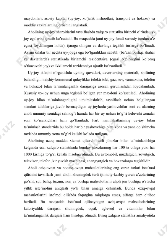 bir qator ko’rsatkichlarni tavsiya qiladi: a) savodsizlar soni va ularning “savodlilik yoshi” dan (bu yosh har bir mamlakat uchun muayyan sharoitlar asosida alohida belgilanadi) katta yoshdagilar sonidagi salmog’i; b) maktabga bormayotgan maktab yoshidagi bolalar soni; v) boshlang’ich va o’rta maktablarda o’qiyotganlar soni va tarkibi; g) har 100 ming kishiga oliy o’quv yurtlari talabalari soni; d) har 100 ming kishiga kundalik gazetalar soni; e) har 100 ming kishiga kitoblar tiraji soni va shu kabi boshqa ko’rsatkichlar. adabiyotlar: 1. n.m.soatov, x.nabiev, d.nabiev, g.n.tillaxo’jaeva. statistika. darslik. – t.: tdiu, 2009. – 568 bet. 2. x.nabiyev, d.x.nabiyev. iqtisodiy statistika. darslik. – t.: aloqachi, 2009. 512 bet. 3. statistika: uchebnik. / n.umarov a. abdullaev. r. zulinova t-2009. 4. qishloq va suv xo’jaligi statistikasi. s. ochilov. sh. ergasheva t-2008 5. tashqi iqtisodiy faoliyat statistikasi. a.x. ayubjonov t-2004 6. makroiqtisodiy statistika yo. abdullaev t-1998 7. a.x.shoalimov, sh.a.tojiboyeva. iqtisodiy taxlil nazariyasi.toshkent “iqtisodiyot” 2012y. 8. shodiyev va boshqalar. statistika …