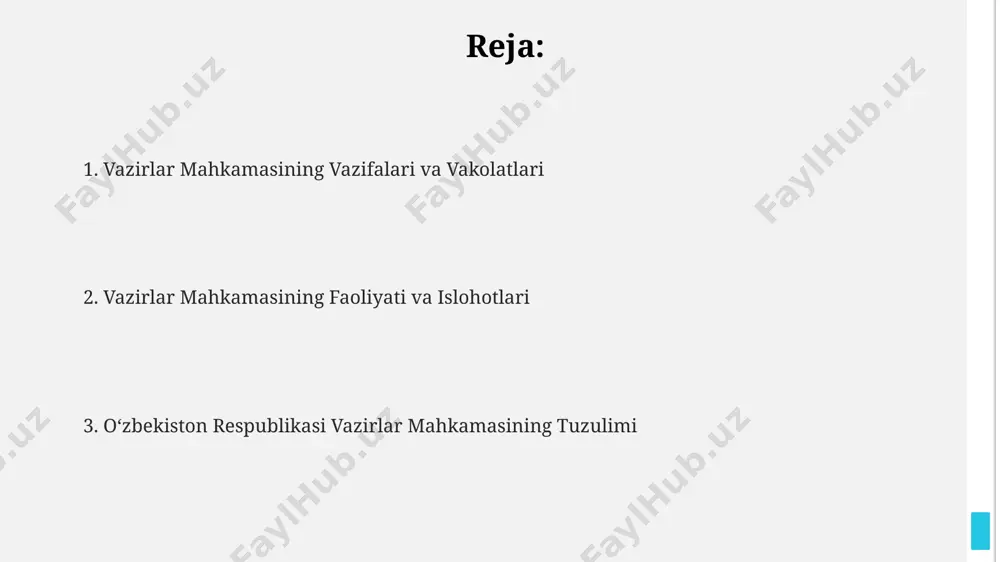 oladi. islohotlar va yangilanishlar korrupsiyaga qarshi kurash doirasida 2022-2023 yillarda 500 dan ziyod korrupsion jinoyatlar aniqlanib, tegishli choralar ko'rilgan. davlat xizmatlarini yanada soddalashtirish maqsadida 2024 yilga kelib, 150 dan ortiq davlat xizmatlari onlayn platforma orqali ko'rsatilishi rejalashtirilgan. “islohotlar va yangilanishlar” strategiyasi doirasida 2023 yilda 100 dan ortiq qonun hujjatlari qabul qilinib, ishbilarmonlik muhitini yaxshilashga qaratilgan. vazirlarning vazifalari va vakolatlari vazirlar tegishli vazirliklarning faoliyatini nazorat qilib, 15 dan ortiq bo'limlarni boshqarish, byudjet mablag'larini taqsimlash va kamida 3 yillik strategik rejalashtirish bo'yicha vakolatlarga ega. har bir vazir o'z vazirligi doirasida 50 dan ortiq qarorlarni qabul qilish, ijro etish va ularning bajarilishini nazorat qilish, shuningdek, qonun hujjatlariga muvofiq vakolatlarga ega. vazirlar mahkamasining qarorlarini bajarishda, kamida 2 ta tegishli davlat organlari bilan birgalikda ish olib borish va yil davomida 10 dan ortiq hisobotlarni taqdim etish vazifasi yuklatilgan. iqtisodiyotni rivojlantirishdagi roli mahkama tarkibidagi tegishli vazirliklar va qoʻmitalar oʻrtasidagi muvofiqlashtirilgan faoliyat, masalan, infratuzilmani rivojlantirish boʻyicha budjet …