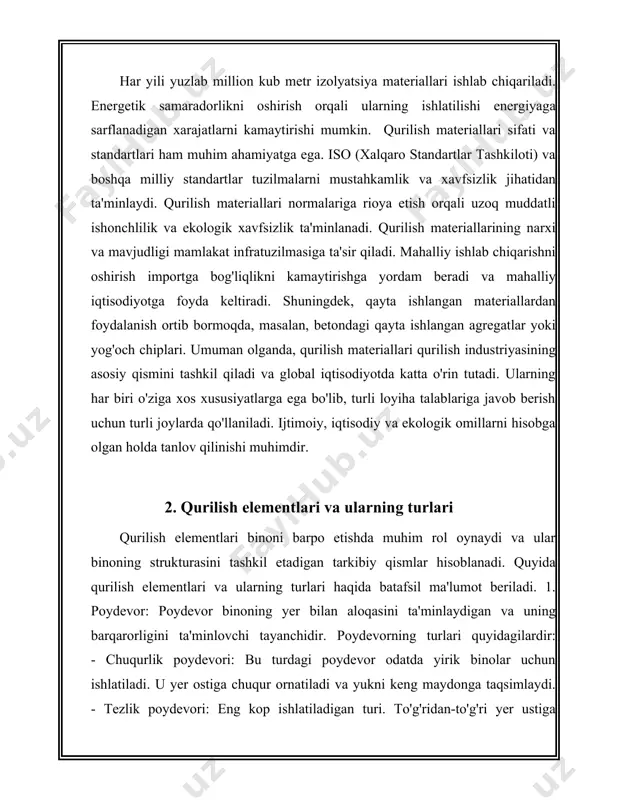 uchun mos. - yogoch kolonalar: estetik va engil, kichik qurilishlarda ishlatiladi. - chelik kolonalar: yuqori yukni kotarishga moljallangan yangicha tipdagi kolona. 7. pogonalar: pogonalar qavatlar orasidagi vertikal aloqani ta'minlaydigan element hisoblanadi. turlar: - to'gri pogonalar: eng oddiy uslub va oson ishlab chiqariladi. - spiralsimon pogonalar: kam joy egallaydi va estetik korinishga ega. - yolakli pogonalar: yon yolaklarga ega va kop kishi yurishi uchun moslashgan. qurilish elementlari va ularning turlari haqida yuqorida aytib otilganidek, har bir element ozining aniq vazifasini bajaradi va butun binoning mustahkamligi, xavfsizligi hamda estetik korinishini taminlaydi. har bir element turli materiallar va texnikalar yordamida amalga oshiriladi, bu esa ularning mustahkamligi va chidamliligini oshiradi. qurilish jarayonida har bir elementning togri tanlanishi va qollanilishi muhim ahamiyatga ega. 3. sanitariya-texnik qurilmalar sanitariya-texnik qurilmalar bu uy-joylar, jamoat binolari va sanoat inshootlarida suv ta'minoti, isitish, gaz taqsimoti, kanalizatsiya va havoni tozalash tizimlari bilan bog'liq qurilmalar va jihozlar majmuasidir. ushbu tizimlar zamonaviy yashash …
