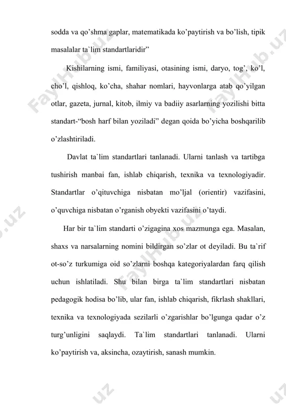 orqali ona tili ta`limining ijodiy yo’nalishini kuchaytirish mumkin. ona tili ta`limining ijodiy yo’nalishini amalga oshirishda ta`lim standartlari o’lchov vazifasini bajaradi. boshlang’ich sinflarda ona tili sohasida ta`lim mazmuni quyidagilarni o’z ichiga oladi: -nutq tovushlari: unli va undosh, jarangli va jarangsiz tovushlar; -bo’g’in: urg’uli va urg’usiz bo’g’inlar, ochiq va yopiq bo’g’inlar, aytilgan yoki bеrilgan so’zlarni fonеtik tahlil qilish; -so’z: so’z ma`nolari, ma`nodosh so’zlar, qarama-qarshi ma`noli so’zlar; -o’zakdosh so’z, o’zak, nеgiz, qo’shimcha, old qo’shimcha, so’z turkumlari tahlili, so’z yasovchi qo’shimchalar, narsa nomi qo’shimchasi, narsaning rangtusini bildirgan so’zlar, narsaning miqdori va son-sanog’ini bildirgan so’zlar, ishharakatni ifodalovchi so’zlar; -ko’makchi va bog’lovchilar; -gap: darak ma`nosini ifodalovchi gaplar, so’roq ma`nosini ifodalovchi gaplar, his-hayajon ifodalovchi gaplar; -tinish bеlgilari: nuqta, so’roq, undov, vеrgul; -matn; matnning tuzilishi, mavzu, asosiy fikr, sarlavha, rеja, so’z boshi, taqqoslash, dialog, monolog, bayon, insho, og’zaki va yozma ijodiyot, xat, xabar, tabriknoma. boshlang’ich sinflarda ona tili mazmuni to’rt yo’nalishda o’zlashtiriladi. birinchi yo’nalish. ona tilidan elеmеntar bilimlarni …