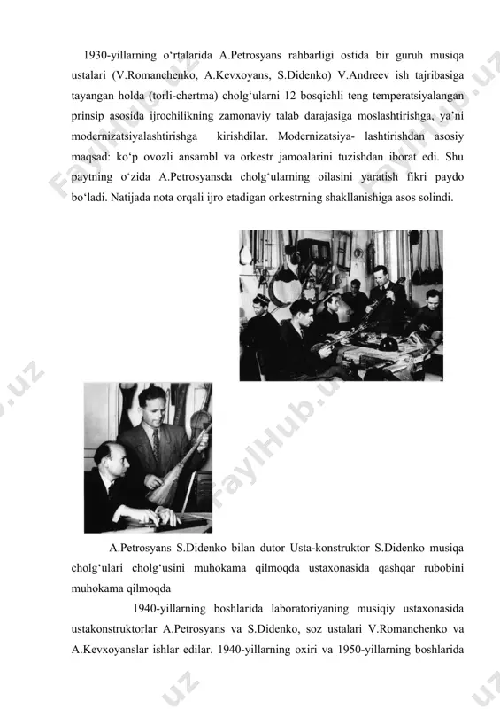 takomillashtirishda asosan ularning dastalariga e’tibor qaratilgan. an’anaviy g‘ijjaklarda dasta yumaloq shaklda bo‘lib, yuqori qismi qalin, pastki qismi ingichka qilib ishlangan. chunki ularda asosan o‘zbek xalq kuylari va maqomlardan parchalar ijro etilgan. tez sur’atdagi asarlar ijro etilmagan. modernizatsiyalashtirilgan g‘ijjaklarda esa o‘zbek xalq kuylari bilan bir qatorda o‘zbekiston kompozitorlarining maxsus asarlari va jahon klassikasi durdonalari ham ijro etilgan. shuning uchun ham dastaning yuqori qismi ingichka pastki qismi qalin hamda dastasining barmoq bosib ijro etiladigan qismi yassi qilib ishlangan. zero, bunday holat texnik asarlarni ijro etishga qo‘l keladi. boshqacha qilib aytganda g‘ijjaklar modernizatsiyalashtirilgandan so‘ng ularning ijrochilik imkoniyatlari kengaydi. shuningdek, g‘ijjak kamoni skripka qamoni bilan almashtirildi hamda uning ushlash holati g‘ijjak ijrochiligi amaliyotga keng joriy etildi. so‘ngra g‘ijjak asosida - g‘ijjak-alt, g‘ijjak-bas va g‘ijjak-kontrabaslar, ya’ni g‘ijjaklar oilasi yaratildi. ushbu oila asosida g‘ijjakchilar orkestri tashkil etildi. bunga o‘zbekiston davlat konservatoriyasi “xalq cholg‘ularida ijrochilik” kafedrasi professori murod toshmuhamedov tomonidan tuzilgan “sayqal” g‘ijjakchilar orkestri yaqqol misol bo‘la …