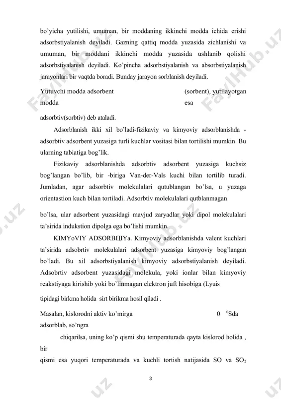 kirishuvchi modda katalizator yuzasiga adsorblanganda ular bir-biriga shu kadar yakin masofada turadiki, natijada ular orasida kimyoviy ta’sirlanish vujudga kelib, reakstiya boshlanadi. hosil bo’lgan modda katalizator yuzasidan uchib ketadi va uning o’rniga reakstiya kirishuvchi moddalarning yangi qismi adsorblanadi. ba’zi avtorlarning fikricha, reakstiyaga kirishuvchi moddalar adsorbstiyalanganda, ularning yuza birligidagi konstentrastiyasi ortadi va natijada massalar ta’siri qonuniga muvofik kimyoviy reakstiyalarning tezligi ham ortadi. katalizning asosiy nazariyasini d.i.mendeleev yaratdi. bu nazariyaga ko’ra adsorblangan molekula ma’lum o’zgarishlarga uchraydi. yuza ta’siri natijasida molekuladagi bog’lanishlar bushashadi va hatto o’ziladi. buning natijasida reakstiya uchun kam aktivlanish energiyasi kerak bo’ladi va reakstiyani borishi osonlashadi. so’nggi vaqtda olib borilgan tekshiruvlar haqiqatdan ham katalizning birinchi bosqichi reagent bilan katalizator orasida kimyoviy birikmalar hosil bo’lishidan iborat ekanini ko’rsatadi. shu jihatdan olganda kimyoviy va fizikaviy nazariyalar orasida prinstipial farq yo’q. kimyoviy va fizikaviy nazariyalar birgalikdagina kataliz hodisasini kuzatilgan tushuntiradi. kimyoviy adsorbstiyaning katalitik jarayondagi rolini tiofen gidrirlash misolida ko’rib o’tamiz. bu jarayonda katalizator sifatida …
