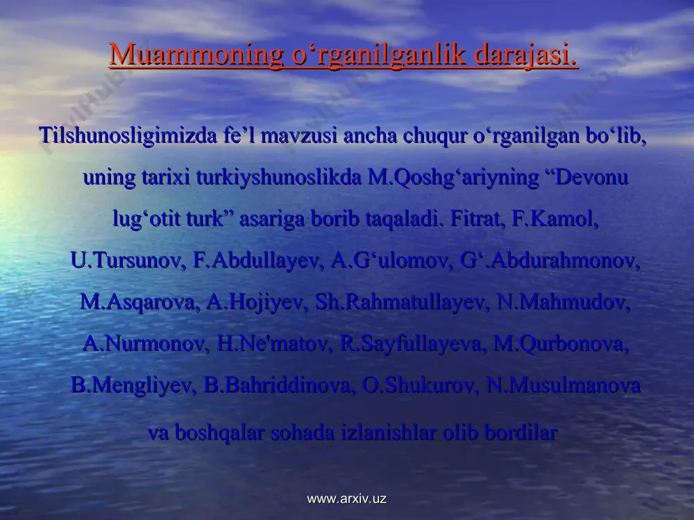 6-son, b-28-31. hojiyev a. o‘zbek tilida to‘liqsiz fe’l. -toshkent. 1968. -441 b. hojiyev a.o‘zbek tilida sifatdosh // o‘zbek tili va adabiyoti masalalari. 1961. - № 4, b-54-57., 1962. -№ 2, b-53-56. mengliyev b.r. morfologik shakllarning sintaktik imkoniyatlari haqida // til va adabiyot ta’limi. 1996. № 1.b. 31-33. ne’matov h.ј. fe’l, uning forma va kategoriyalari // o‘zbek tili va adabiyoti. -1972.-№ 1 .-b. 39-47; №2 -b. 42-50. tursunov u.t. o‘zbek tilidagi ba’zi bir ravishdosh formalarining xususiyatlari. // trudi samarkandskogo gos.un-ta im. a. navoi. novaya seriya, vipusk № 139. -samarkand, 1964. umumiy o‘rta ta’limning davlat ta’lim standartlari va o‘quv dasturi. ona tili. adabiyot. «ta’lim taraqqiyoti». 1-maxsus son. -t:. sharq, 1999. -b.55-145. - 304 b. elektron adabiyotlar va internet manbalari www.arxiv.uz. hojiyev a. ko‘makchi fe’l. -t.: fan. 1966. -222 b. www.ziyonet.uz shoabdurahmonov sh., asqarova m., hojiyev a. va boshq. hozirgi o‘zbek adabiy tili. i qism. -t.: o‘qituvchi, 1980. -447 b. www.ziyonet.uz. rasulov r. …
