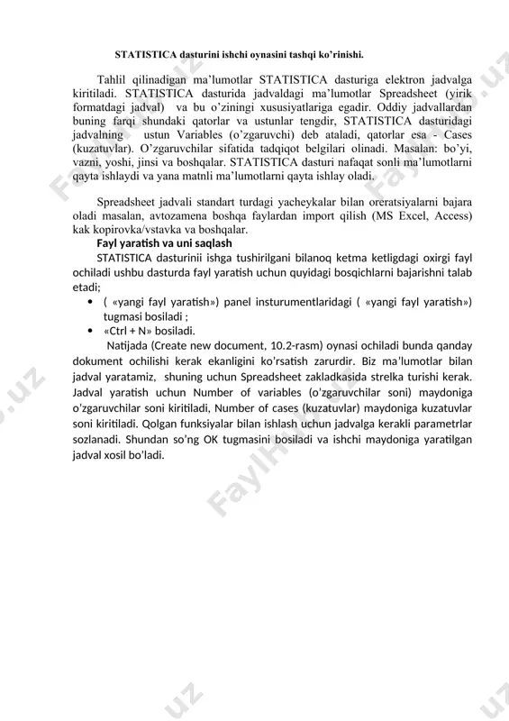 ratish») panel insturumentlaridagi ( «yangi fayl yaratish») tugmasi bosiladi ; · «ctrl + n» bosiladi. natijada (create new document, 10.2-rasm) oynasi ochiladi bunda qanday dokument ochilishi kerak ekanligini ko’rsatish zarurdir. biz ma’lumotlar bilan jadval yaratamiz, shuning uchun spreadsheet zakladkasida strelka turishi kerak. jadval yaratish uchun number of variables (o’zgaruvchilar soni) maydoniga o’zgaruvchilar soni kiritiladi, number of cases (kuzatuvlar) maydoniga kuzatuvlar soni kiritiladi. qolgan funksiyalar bilan ishlash uchun jadvalga kerakli parametrlar sozlanadi. shundan so’ng ok tugmasini bosiladi va ishchi maydoniga yaratilgan jadval xosil bo’ladi. 10.2-расм: statistica dasturida fayl yaratish 10.3-rasm: dasturda jadval tuzish yaratilgan faylni saqlash uchun quyidagi uch usul bilan amalga oshirish mumkin: · asosiy menyuning file (fayl) nii tanlab save (saqlash) buyrug’i orqali; · panel instrumentdagi tugmani bosib; · “ctrl + s” orqali. bunda windows uchn maxsus dialog oynasi ochiladi va bunda fayl nomi va qayerga saqlanishi kerak ekanligi ko’rsatiladi. eviews amaliy dasturi statistik va ekonometrik tadqiqotlarni funksiyalarini o’zida …
