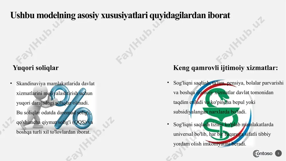 rlikni ta'minlashga qaratilgan bo'lib, iqtisodiy o'sishning barqarorligini saqlashga yordam beradi. 13 taklif va tavsiyalar 14 takliflar va tavsiyalar: • soliq tizimini yanada adolatli qilish: soliqlarni qayta ko'rib chiqish va yuqori daromadli fuqaralardan ko'proq mablag' yig'ish orqali ijtimoiy dasturlarni moliyalashtirish. • ijtimoiy xizmatlarni raqamlashtirish: xizmatlarni yanada samarali taqdim etish uchun raqamli texnologiyalarni joriy etish. • ta'lim va malaka oshirish dasturlarini kuchaytirish: ijtimoiy ishchilar va xizmat ko'rsatuvchilar uchun doimiy ta'lim dasturlarini tashkil etish. skandinaviya modeli anglo-sakson modeli takliflar va tavsiyalar: • ijtimoiy himoya dasturlarini kengaytirish: kam daromadli va muhtoj oilalar uchun qo'shimcha yordam dasturlarini joriy etish. • ijtimoiy xizmatlarning sifatini oshirish: xususiy sektor va davlat o'rtasida hamkorlikni kuchaytirish orqali xizmatlarning sifatini yaxshilash. • ijtimoiy adolatni ta'minlash: ijtimoiy tenglikni oshirishga qaratilgan siyosatlarni ishlab chiqish. https://t.me/gpt4tbot https://gamma.app/docs/xorijiy-mamlakatlarda-aholini-ijtimoiy-qollab-quvvatlash-modellar-58fr5ldaemidkx6?mode=doc foydalangan adabiyotlar 15 3 .https://abiturtest.uz/mavzular/menejment-fanining-maqsadi-va-vazifalari/ image4.jpeg image5.png image2.png image6.jpeg image7.png image8.png image9.png image10.png image11.png image12.png image13.png image14.png image15.png image16.png image17.png image18.png image19.png image20.png image21.png image22.png image23.png image1.png