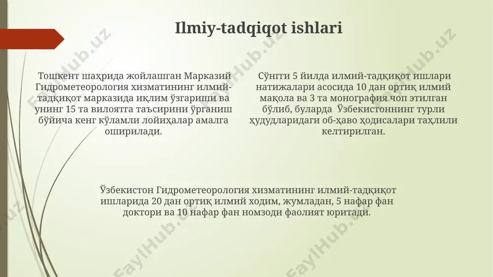 огоҳлантиради. kadrlar tayyorlash va malakasini oshirish ўзбекистон гидрометеорология хизматининг 10 дан ортиқ таълим муассасаси билан ҳамкорликда кадрлар тайёрлаш ва малака ошириш бўйича 5 йиллик дастури мавжуд бўлиб, тошкент шаҳридаги марказий ўқув марказида амалга оширилади. ўзбекистон гидрометеорология хизмати ходимларининг 80% дан ортиғи халқаро стандартларга мос келадиган замонавий асбоб-ускуналар билан ишлаш бўйича малака оширишдан ўтган. гидрометеорология соҳасидаги мутахассисларни тайёрлаш ва қайта тайёрлаш учун 2024 йилда 500 дан ортиқ ўқув соатидан иборат махсус ўқув курслари самарқанд ва бухоро вилоятларида ўтказилиши режалаштирилган. oʻzbekiston respublikasi gidrometeorologiya xizmatining tuzilishi oʻzbekiston gidrometeorologiya xizmati 11 ta viloyat gidrometeorologiya boshqarmalari va toshkent shahridagi markaziy idoradan iborat boʻlib, mamlakat boʻylab 70 dan ortiq kuzatuv punktlariga ega. xizmatning asosiy vazifalaridan biri 7 kunlik ob-havo prognozi va suv sathining oʻzgarishi toʻgʻrisida andijon, fargʻona va namangan kabi viloyatlarga oʻz vaqtida xabar berish hisoblanadi. respublika miqyosida ob-havo ma'lumotlarini yigʻish va tahlil qilish uchun 150 dan ortiq mutaxassis, shu jumladan, meteorologlar, gidrologlar va iqlim oʻrganuvchilar …
