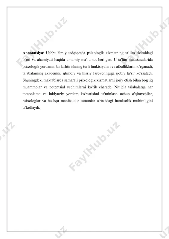 lardan m. g. davletshin, e. g‘. g‘oziyev, b. r. qodirov, g’. b. shoumarov, v. м. karimova, sh. r. baratov, f. n. sattarov, f. s. ismagilova, n. s. safoyev, f. i. haydarov, s. x. jalilova va boshqalar katta hissa qo‘shganlar. 1998-yilda sh. r. baratov “ta’lim tizimida va ishlab chiqarishda psixologik xizmatni tashkil etishning psixologik xususiyatlari” mavzusida doktorlik dissertatsiyasini yoqlagan. hozirgi kunda psixologik xizmat xodimlari barcha muammolarni hal qilishda bolani har tomonlama va garmonik rivojlanish vazifalariga tayanadidlar. amaliyotchi psixolog o‘z faoliyatini pedagogik jamoa va otaonalar bilan yaqin aloqada amalga oshiradilar. natijalar: psixologik xizmatlarning ta’lim tizimiga integratsiyalashuvi ko‘plab afzalliklarga ega ekanligi isbotlangan. psixologlar tomonidan taqdim etiladigan akademik yordam o‘rganishdagi qiyinchiliklarni aniqlash va hal qilishga yordam beradi, bu esa o‘quv samaradorligini oshirishga va talabalarning faolligini oshirishga olib keladi. bundan tashqari, psixologik xizmatlar ijtimoiyemotsional ko'nikmalarni rivojlantirishga hissa qo‘shadi, o‘quvchilar o‘rtasida ijobiy munosabatlar, chidamlilik va aqliy farovonlikni rag‘batlantiradi. psixologik xizmatlarni muvaffaqiyatli amalga oshirish uchun pedagoglar va …