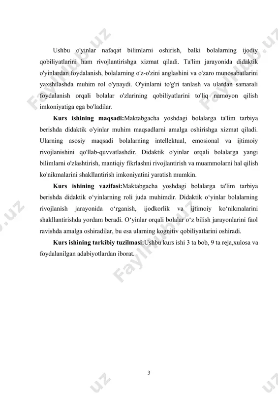 iborat. i-bob. didaktik o‘yinlarning nazariy asoslari. 1.1.didaktik o‘yinlarning ta'rifi va mohiyati. didaktik o‘yinlar ta'lim jarayonining ajralmas qismi bo‘lib, ularni bolalarni o‘rgatish va rivojlantirishda samarali vosita sifatida qaraladi. didaktik o‘yinlarning ta'rifi va mohiyatini tushunish, ularning ta'limdagi o‘rnini, foydasini va qanday qilib bolalarning rivojlanishiga yordam berishini aniqlashga yordam beradi[footnoteref:2]. didaktik o‘yinlar, o‘z navbatida, bolalarga o‘rganish jarayonida faol ishtirok etish, yangi ko‘nikmalarni egallash va mavjud bilimlarini mustahkamlash imkoniyatini beradi. [2: tursunova, l. (2023). didaktik o‘yinlar va ularning ta'lim jarayonidagi o‘rni. samarqand: samarqand davlat universiteti. ] didaktik o‘yinlar, o‘z ichiga o‘quv jarayonini qiziqarli va interaktiv usulda amalga oshirishni oladi. ular, bolalarning faoliyatini rag'batlantiradi va o‘qituvchilarga ta'lim maqsadlariga erishishda yordam beradi. didaktik o‘yinlar orqali bolalar o‘zlarini ifoda etish, muammolarni hal qilish va jamoada ishlash ko‘nikmalarini rivojlantirish imkoniyatiga ega bo‘lishadi. bu o‘yinlar, bolalarning hissiy va ijtimoiy rivojlanishiga ham katta ta'sir ko‘rsatadi.didaktik o‘yinlarning mohiyati, ularning ta'lim jarayonida o‘zaro bog'liqligidir. o‘yinlar, bolalarning o‘quv faoliyatini faollashtiradi, ularning qiziqishlarini oshiradi …