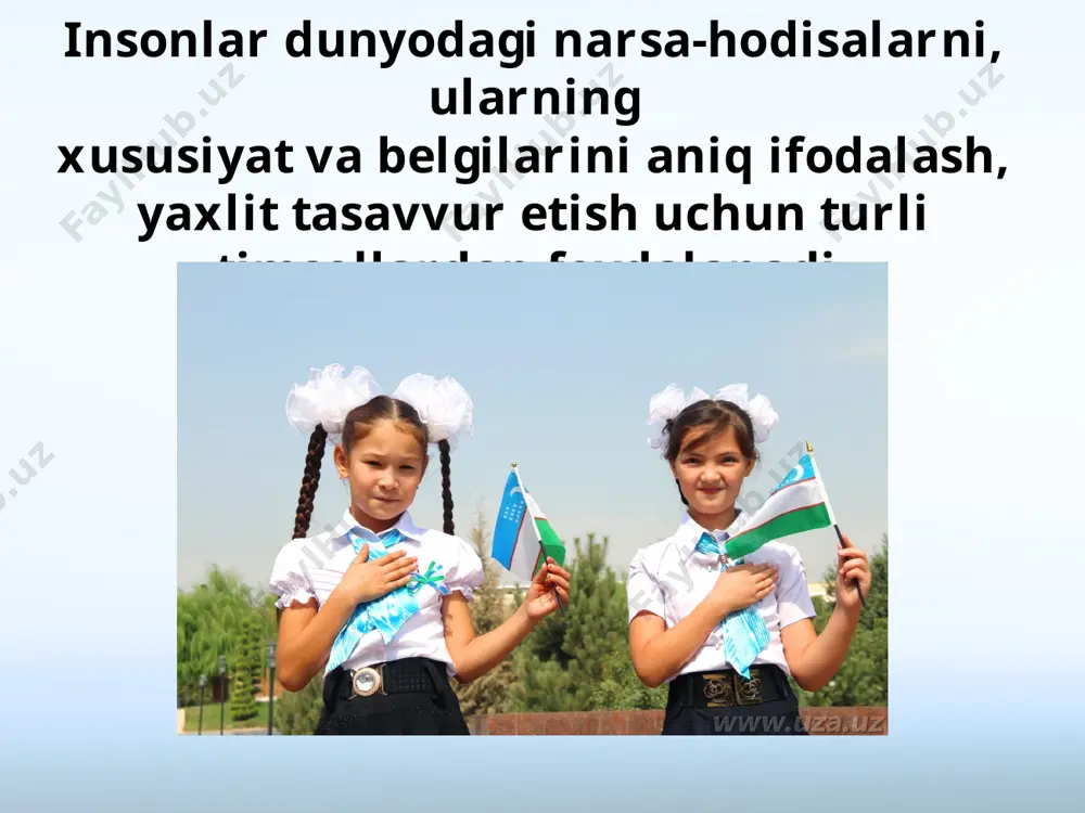 rzu-intilishlarini aks ettiradi. masalan, ko‘hna buxoro markazidagi minorai kalon yodgorligi ko‘p yillar davomida shaharning o‘ziga xos timsoli bo‘lib kelgan. buyuk sohibqiron bobomiz shahrisabzdagi muhtasham oqsaroyni o‘z kuch-qudratining bezavol timsoli sifatida bunyod ettirgan. 1996-yili bu obidaga tutash maydonda amir temur bobomiz haykali o‘rnatildi. vatanimiz poytaxti toshkent shahridagi mustaqillik maydonida barpo etilgan ezgulik arkasi, mustaqillik va ezgulik monumenti xalqimizning yuksak orzu-intilishlari timsollari hisoblanadi. savol va topshiriqlar: 1. siz o‘z shahringiz yoki qishlog‘ingiz timsolini nimalarda ko‘rasiz? 2. xorijlik mehmonlarga o‘zbekiston ramzi sifatida nimani sovg‘a qilgan bo‘lardingiz? 3. davlatimiz madhiyasini kuylab bering. 4. rasmlar orasidan tarixiy va zamonaviy timsollarni ajrating. image2.jpeg image3.jpeg image4.jpeg image5.png image6.jpeg image7.jpeg image8.jpeg image9.jpeg image10.png image11.jpeg image12.png image13.jpeg image14.jpeg image15.jpeg image16.jpeg image17.jpeg image1.jpeg