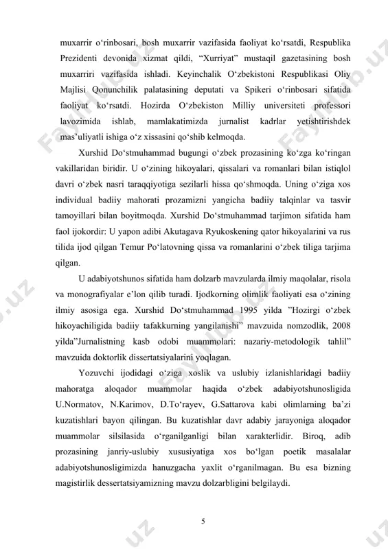 urshid dо‘stmuhammadning badiiy mahorati yuzasidan ham qimmatli mulohazalar bildirishgan . albatta, yuqorida zikr etilgan tadqiqotlar yozuvchi ijodining ba’zi sahifalari, xususan nasrining ayrim poetik xususiyatlari haqida ilmiy jarayon va ilmiy jamoatchilik xukmiga qimmatli ma’lumotlar berish, shubhasiz. biroq bu tadqiqotlar yuqorida eslatganimizdek istiqlol davri nasrining ba’zi muammolari bilan bog‘liq masalalar yaratilganligi bilan xarakterlanadi.biroq uning ijodini tadrijiylik va poetik jihatdan tо‘laqonli tahlil etilgan deyish qiyin. ana shu jihatlarni hisobga olgan holda magistrlik dissertatsiyamiz mavzui tadqiqiga yondashidik. dissertatsiya mavzuining ilmiy tadqiqot ishlari rejalari bilan bog‘liqligi: mazkur magistrlik dissertatsiya ishi mavzusi qarshi davlat universiteti о‘zbek adabiyoti kafedrasining ilmiy ishlari rejasida aks etgan. magistrlik dissertatsiyasining maqsadi: dissertatsiyaning asosiy maqsadi xurshid dо‘stmuhammad prozasining ba’zi poetik masalalarini va yozuvchi asarlarining hozirgi о‘zbek nasri taraqqiyotdagi о‘rnini kо‘rsatishdir. magistrlik dissertatsiyasining vazifalari: yuqorida bayon qilingan maqsaddan kelib chiqib dissertatsiyada quyidagi masalalarni tahlil etish asosiy vazifalar hisoblanadi: - xozirgi adabiy jarayonning о‘ziga xos taraqqiyot tamoyillarini о‘rganish. - xurshid dо‘stmuhammad prozaning xos bо‘lgan …