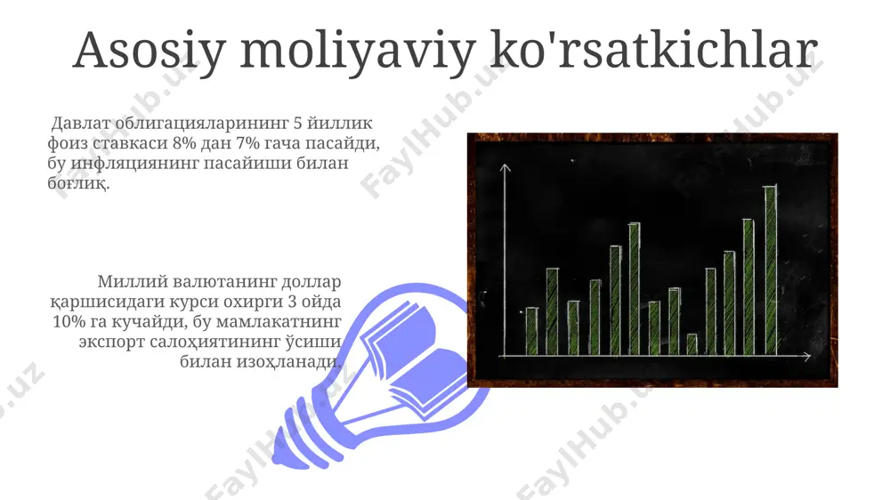 бу сегментнинг ривожланишига ишора қилади. moliyaviy bozor statistikasining ahamiyati inflatsiya darajasi (masalan, 5%) va foiz stavkalari (masalan, 10%) kabi makro iqtisodiy ko'rsatkichlarni tahlil qilish, moliyaviy bozorlardagi kelajakdagi trendlarni oldindan bilishga yordam beradi. moliyaviy bozor statistikasi, 100 dan ortiq ko'rsatkichlarni o'z ichiga olib, investitsiyalarni boshqarishda xavfni baholash va daromadlilikni prognoz qilish uchun muhim ahamiyatga ega. valyuta bozori statistikasi 01 02 2022 йилда валюта айирбошлаш шохобчалари орқали амалга оширилган валюта операцияларининг умумий ҳажми 50 млрд ақш долларидан ошган бўлиб, бунинг 70%и доллар ва евро бўйича амалга оширилган. sales 1st qtr 2nd qtr 100 0 sales 1st qtr 2nd qtr 100 0 e'tiboringiz uchun rahmat @taqdimot_robot image4.jpg image5.jpg image6.jpg image7.jpg image8.jpg image9.jpg image10.jpg image11.jpg image12.jpg image13.jpg image14.jpg image15.jpg image1.jpeg image2.jpeg image3.jpeg
