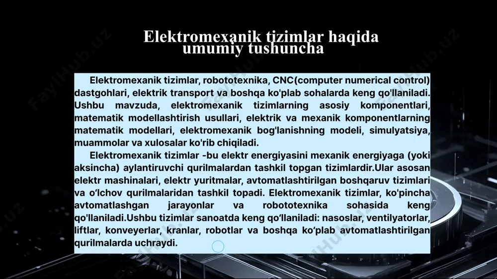dalovchi tenglamalar tuziladi.elektromexanik tizimlar bugungi sanoat va texnologik jarayonlarning ajralmas qismiga aylangan bo‘lib, ular elektr energiyasini mexanik energiyaga (yoki aksincha) aylantiruvchi kompleks tizimlardir. ularning matematik modeli bu tizimlarning fizik holatini raqamli ifodalash imkonini beradi va bu orqali nazorat qilish, tahlil etish hamda samaradorlikni oshirish mumkin bo‘ladi. ushbu ishda elektromexanik tizimlarning asosiy komponentlari – elektr, mexanik va bog‘lovchi elementlar o‘rganildi. har bir komponent uchun matematik tenglamalar tuzildi: foydalanilgan adabiyotlar журавлёв а.а. “электрические машины и трансформаторы”. – м.: энергия, 2004. 2.хамраев т. “elektr mashinalari”. – toshkent, 2017. 3.ogbonnaya inya okoro, “electromechanical systems and devices”, springer, 2020. 4.matlab/simulink rasmiy hujjatlari va foydalanuvchi qo‘llanmalari. image5.png image3.png image4.png image2.png image6.png image7.png image8.png image9.jpeg image10.png image11.png image12.png image13.png image14.png