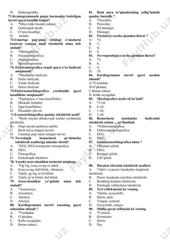lar surunkali istemol qilinganda insonda qanday o’zgarishlarni keltiradilar? a. jismoniy va ruhiy ko’nikish* b. kayf berish c. tushkunlikka tushish d. xavotirlanish 51. giyohvandlik necha bosqichda davolanadi? a. 3* b. 4 c. 2 d. 5 52. giyohvandlikni davolashning qaysi bosqichida organizmdagi zaharli toksinlami suyuqliklar quyish natijasida chiqarib yuborish, organizmni umuman mustahkamlash va tetiklashtirish, giyohvand moddalar qabul qilishni to‘xtatishga qaratilgan davolash ishlari olib boriladi? a. 1-bosqichida* b. 2-bosqichida c. 3-bosqichida d. 4-bosqichida 53. tutqanoq xurujlari bilan kechadigan kasallik nima deb ataladi? a. epilepsiya * a. shizofreniya c. oligofreniya d. psixopatiya 54. epilepsiya bilan og’rigan bemor eegda qanday shakldagi to’lqinlar paydo bo’ladi? a. tig ’shakldagi * b. yarim oysimon c. ko’ndalang d. zanjirsimon 55. epilepsiya kasalligi qaysi guruh kasaliklariga kiradi? a. ruhiy * b. yuqumli c. irsiy-degenerativ d. vegetativ asab tizimi 56. tibbiyot xodimining bemorga nisbatan salbiy ta’siri natijasida kelib chiqqan kasallik nima deyiladi? a. yatrogeniya * b. narkolepsiya c. gipersomiya d. asteniya …