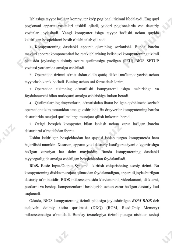 rtani, disklarni, portlarni va boshqa komponentlarni boshqarish uchun zarur bo‘lgan dasturiy kod saqlanadi. odatda, bios kompyuterning tizimli platasiga joylashtirilgan rom bios deb ataluvchi doimiy xotira qurilmasi (dxq) (rom, read-only memory) mikrosxemasiga o‘rnatiladi. bunday texnologiya tizimli plataga nisbatan tashqi qurilma hisoblangan komponentlarning ishlash xususiyatidan qat’iy nazar biosdan doimiy foydalanishni ta’minlash imkonini beradi (masalan, yuklovchi disklar). kompyuter tizimini bir-biri bilan o‘zaro aloqa qiluvchi bir nechta apparat va dasturiy vositalarning qatlami ko‘rinishida ifoda qilish mumkin. asosan to‘rtta qatlam mavjud bo‘lib, ularning har birini nimbosqichlarga ajratish mumkin (1-rasm). 1-rasmda apparat ta’minoti bilan operatsion tizimning ilovalar orasidagi interfeys sifatida biosdan foydalangan ikkita har xil kompyuterlar tasvirlangan. bu kompyuterlarda bir xil dasturiy ta’minotni ishga tushirish imkoni bo‘lgan har xil qurilmalarni (protsessor, qattiq disk, monitor va boshqa) o‘rnatish mumkin. operatsion tizim va ilovalarning o‘zaro aloqasi mos bo‘lgan api (application programming interface) yordamida amalga oshiriladi. “a” tizimning apparat ta’minoti “b” tizimning apparat ta’minoti o m bi o s …