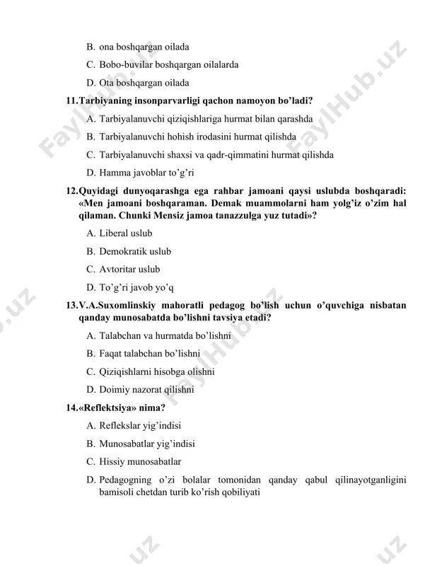 klar bilan tanishtirish c. mavzu bo’yicha sahna ko’rinishi d. shoirlar bilan suhbatlar o’tkazish 19. o’qituvchi mahoratining tarkibiy qismlarini ayting. a. mehnat va malaka b. kasbiy bilim va pedagogik qobiliyat c. bilim, ko’nikma, malaka d. ta‘lim-tarbiya 20. guruh rahbari ishini kim boshqaradi? a. tog'ri javob b,c,d b. ma’naviyat ishlari bo’yicha direktor o’rinbosari c. o’quv ishlari bo’yicha direktor o’rinbosari boshqaradi d. direktor 21. milliy tarbiya mezonlarini belgilashda nimalar e’tiborga olinadi? a. o‘quvchilarning bilish qobiliyatlari b. o‘quvchilarning ruhiy holati. c. o‘quvchilarning yoshi, aqliy imkoniyatlari. d. o‘quvchilarning umumiy holati. 22. «ta’lim degan so‘z xalqlar va shaharliklar o‘rtasida nazariy fazilatlarni birlashtirish, tarbiya esa shu xalqlar o‘rtasidagi tug‘ma fazilat va amaliy kasb-hunar fazilatlarini birlashtirish demakdir. ta’lim so‘z va o‘rgatish bilangina bo‘ladi. tarbiya esa amaliy ish, tajriba bilan, ya’ni shu xalq shu millatning amaliy malakalaridan iborat bo‘lgan ish harakat, kasb-hunarga berilgan bo‘lishni o‘rganishdir. ushbu ta’rifning muallifi kim? a. al- xorazmiy. b. forobiy. c. beruniy. d. ibn sino. …
