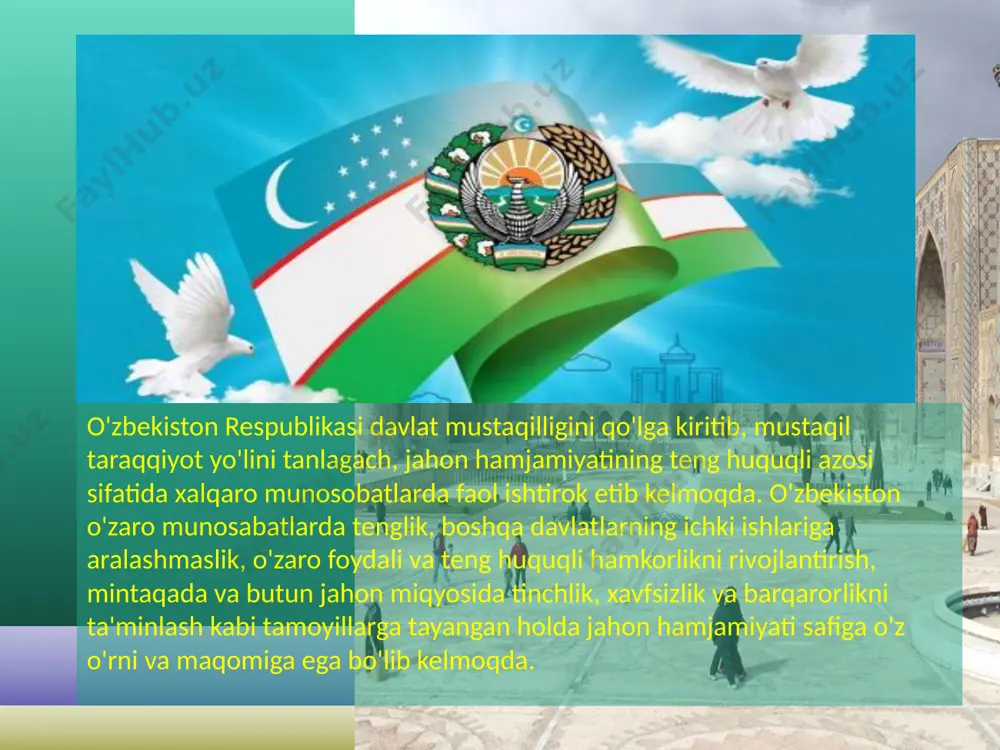 jahon hamjamiyati tomonidan e'tirof etilishi, xalqaro maydonda obro'-e'tiborining ortib borishini ta'minladi. o'zbekiston birlashgan millatlar tashkiloti, islom konferensiyasi tashkiloti, yevropada xavfsizlik va hamkorlik tashkiloti, yevroosiyo iqtisodiy hamjamiyati, shanxay hamkorlik tashkiloti, mustaqil davlatlar hamdo'stligi, turkiy tilli davlatlar hamkorlik kengashi kabi nufuzli xalqaro tashkilotlar va qator ixtisoslashgan xalqaro tuzilmalar ishida faol ishtirok etib, mintaqaviy xavfsizlikni ta'minlash, markaziy osiyoda ekstremizm, terrorizmga qarshi kurash yadro qurolidan holi hudud barpo etish, narkotik moddalarning noqonuniy aylanishi bilan bog'liq, shuningdek, xalqaro hamjamiyat oldida turgan boshqa dolzarb muammolarni hal etish ishiga salmoqli hissa qo'shmoqda ma'lumki, o'zbekiston geosiyosiy jihatdan ancha murakkab va shu bilan birga qulay makonda joylashgan. > ya'ni u, birinchidan, markaziy osiyo mintaqasining transport, boy hamda mustaqil energetika omillari markazida joylashgan. > ikkinchidan, o'zbekiston aholi soni, ilmiy-texnikaviy va boshqa imkoniyatlari jihatidan mintaqadagi qo'shnilardan ma'lum darajada ustun turadi. > uchinchi tarafdan, o'zbekiston qulay tabiiy-iqlim sharoitiga ega. bu yerda qadimiy dehqonchilik madaniyati va boy mineral-xomashyo resurslari bor. respublika oziq-ovqat bilan …