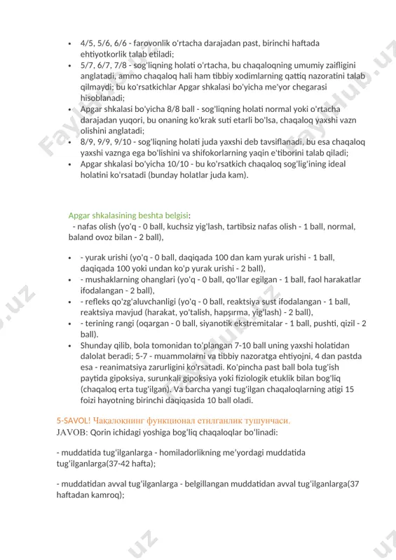 0 - sog'liqning holati juda yaxshi deb tavsiflanadi, bu esa chaqaloq yaxshi vaznga ega bo'lishini va shifokorlarning yaqin e'tiborini talab qiladi; · apgar shkalasi bo'yicha 10/10 - bu ko'rsatkich chaqaloq sog'lig'ining ideal holatini ko'rsatadi (bunday holatlar juda kam). apgar shkalasining beshta belgisi: - nafas olish (yo'q - 0 ball, kuchsiz yig'lash, tartibsiz nafas olish - 1 ball, normal, baland ovoz bilan - 2 ball), · - yurak urishi (yo'q - 0 ball, daqiqada 100 dan kam yurak urishi - 1 ball, daqiqada 100 yoki undan ko'p yurak urishi - 2 ball), · - mushaklarning ohanglari (yo'q - 0 ball, qo'llar egilgan - 1 ball, faol harakatlar ifodalangan - 2 ball), · - refleks qo'zg'aluvchanligi (yo'q - 0 ball, reaktsiya sust ifodalangan - 1 ball, reaktsiya mavjud (harakat, yo'talish, hapşırma, yig'lash) - 2 ball), · - terining rangi (oqargan - 0 ball, siyanotik ekstremitalar - 1 ball, pushti, qizil - 2 …